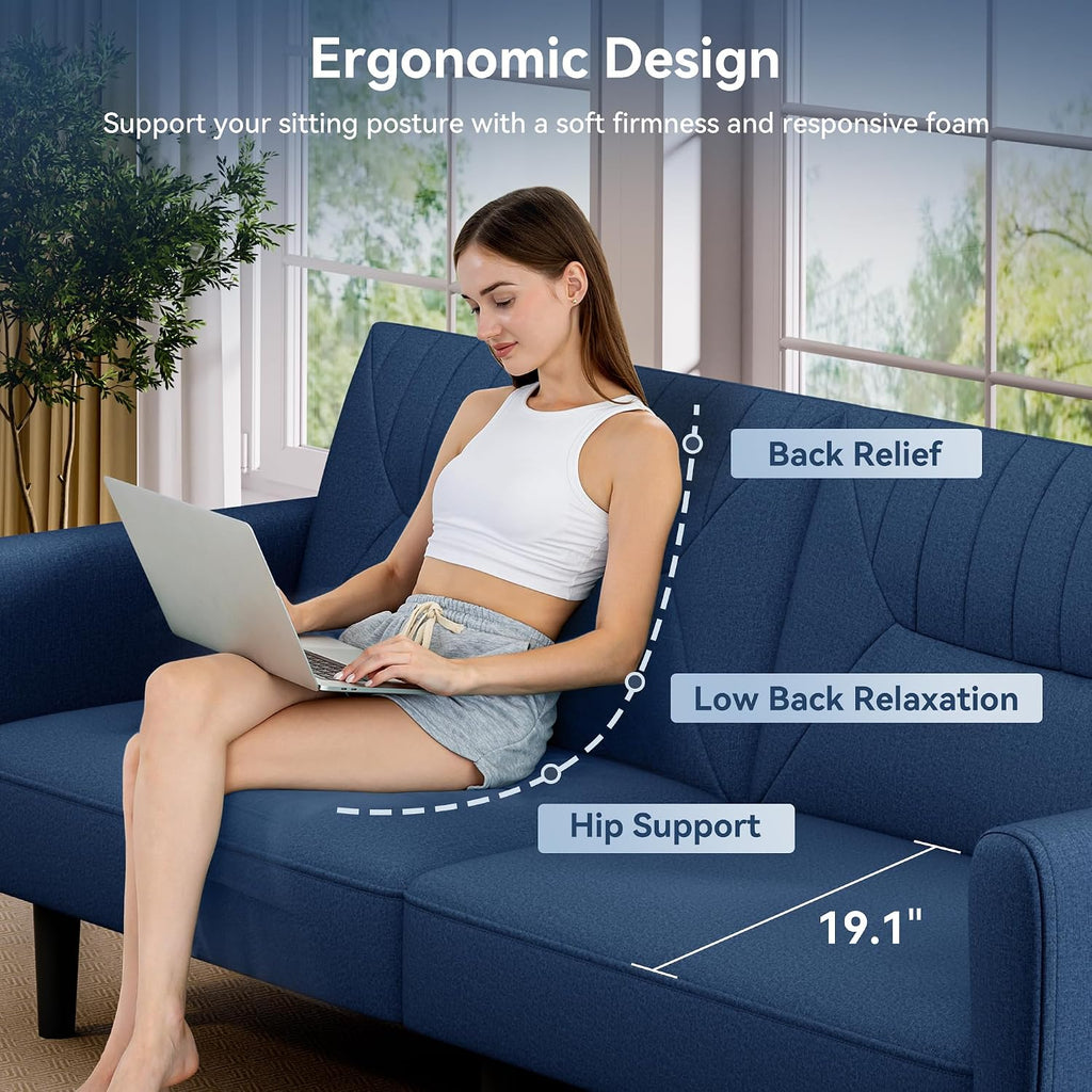 Futon Sofa Bed,75.8' Linen Fabric Comfy Futon Couch Bed,3 Seater Convertible Sleeper Sofa with Adjustable Backrests,Modern Folding Loveseat for Living Room,Office,Apartment,Bedroom,Blue