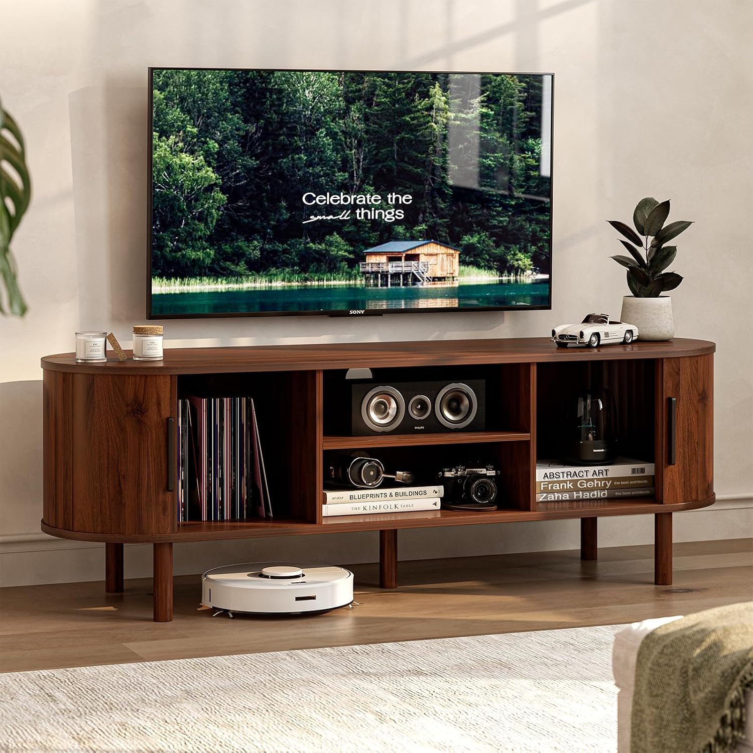 ZttRiee TV Stand for TVs up to 60 Inch, Entertainment Center with Sliding Doors and Adjustable Shelf, Modern TV Console with Storage for Living Room, Bedroom, Walnut