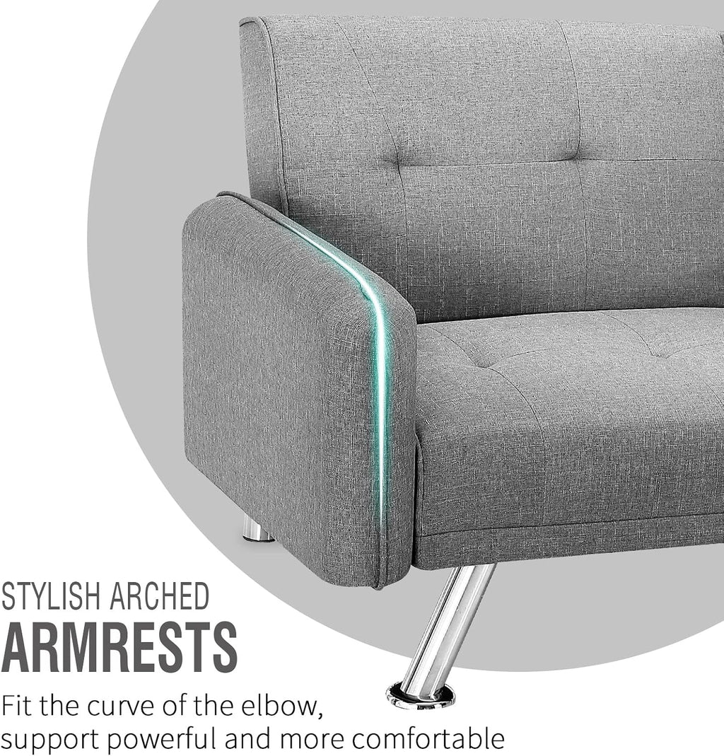 Futon Sofa Bed, Convertible Couch with 2 Cup Holders, Loveseat with Armrest for Studio, Apartment, Office, Living Room, Light Grey