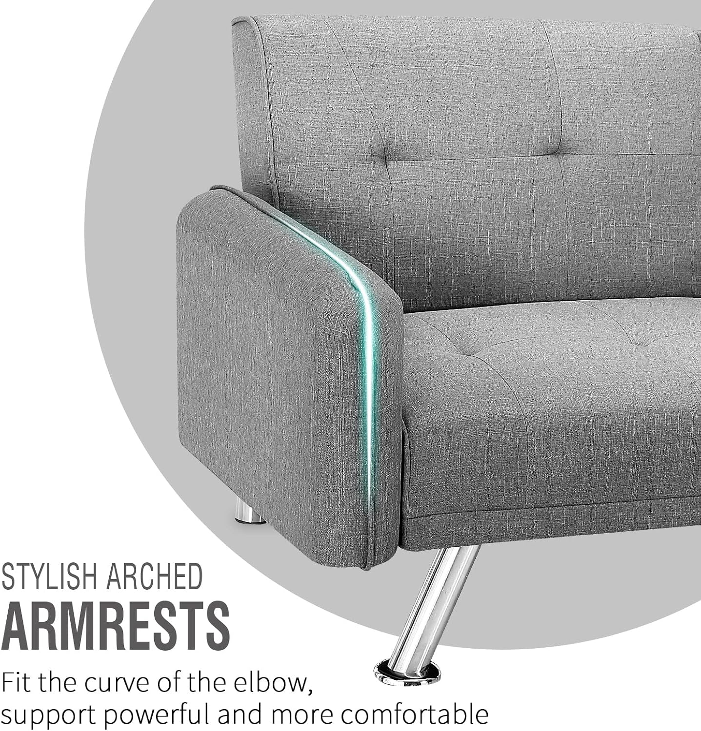 Futon Sofa Bed, Convertible Couch with 2 Cup Holders, Loveseat with Armrest for Studio, Apartment, Office, Living Room, Light Grey