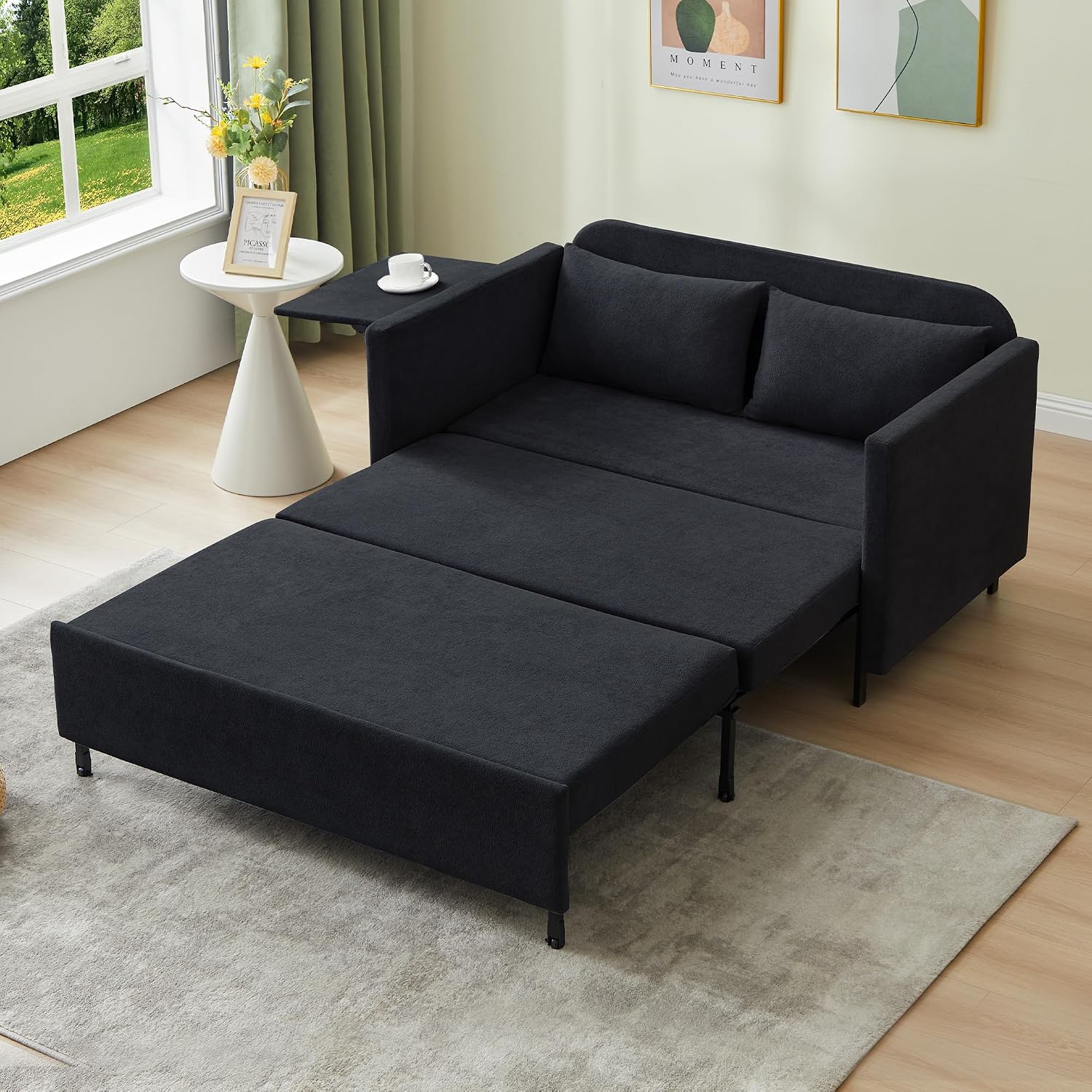 51'' Small Pull Out Sofa Bed, 3-in-1 Convertible Sleeper Couch Bed, Chenille Futon Sleeper Sofa with Side Table and 2 Pillows, Modern Loveseat Couch for Living Room, Bedroom, Home Office (Black)