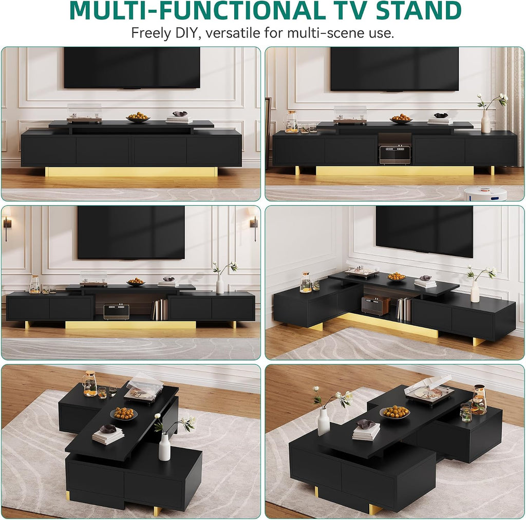 YITAHOME Extendable Entertainment Center 63 to 89 Inches, Modern TV Stand with 2 Door Cabinets and Open Shelf, Adjustable Length TV Console for Living Room, Black