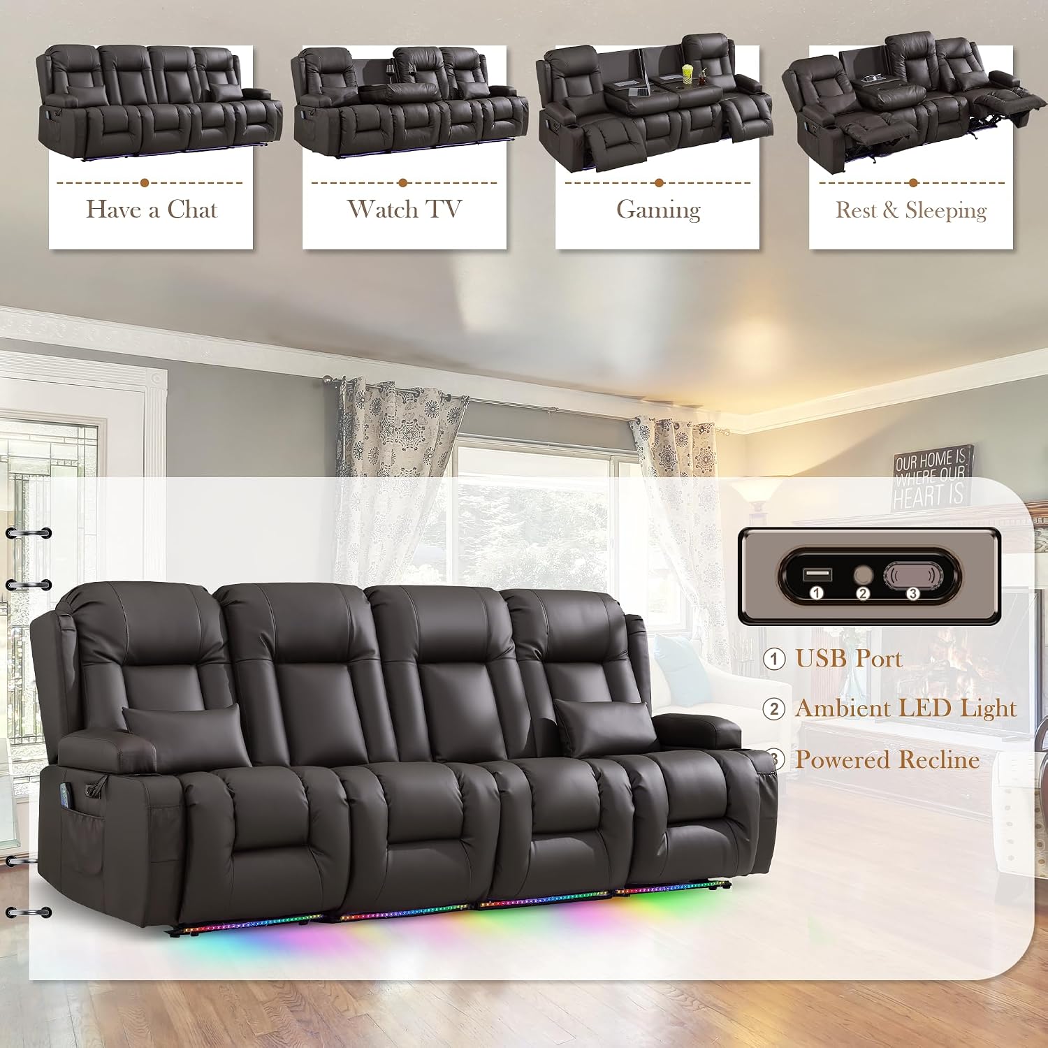TUNYI Power Loveseat Recliner Sofa with Massage & Heat Home Theater Seating with Console RV Recliner Loveseat Sofa with USB/Storage/Side Pocket/LED Light/Speaker (Brown, 4 Seat)