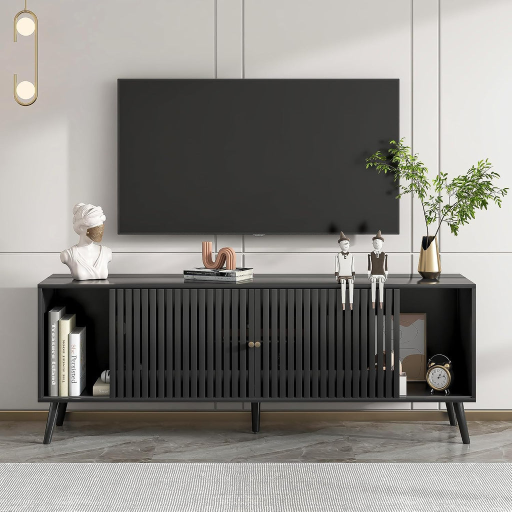 Oubayajia Mid Century Modern TV Stand for Televisions up to 70 Inches, with Sliding Doors and Storage, Television Stands, TV Consoles, Media Consoles for Living Room, 63 Inch (Black)