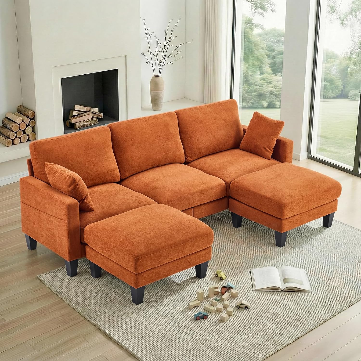 VINGLI 100' W U Shaped Couch with Ottoman, 22' Deep Seat Comfortable Sectional Couches for Living Room, 3 Seater Chenille Fabric Cloud Sofa for Apartment, Small Spaces, Bedroom, Orange