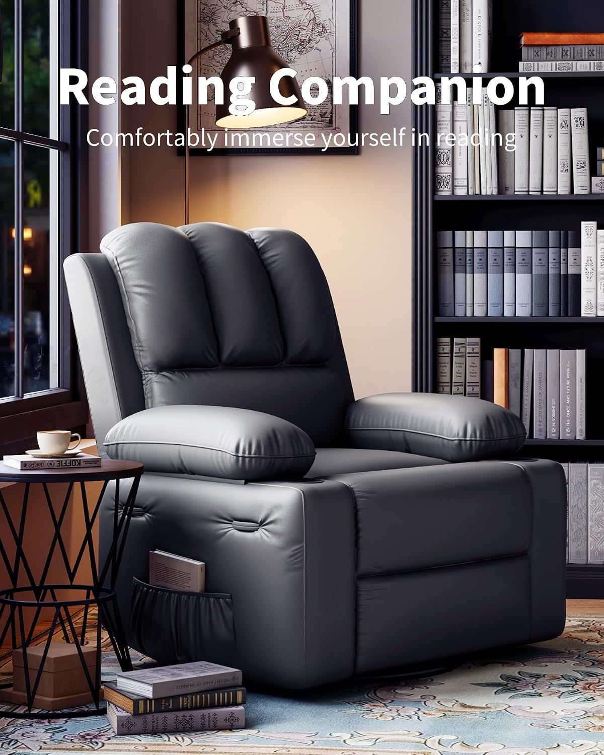 22 in Leather Recliner Chair for Adults, Overstuffed Manual Recliner Chair, Single Sofa with Cup Holder and Side Pockets, Upholstered Chair for Living Rooms, Gray