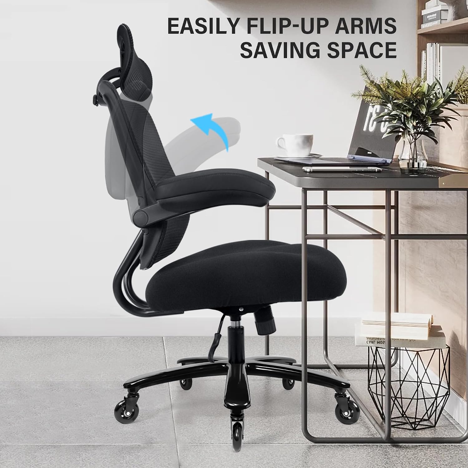 500lbs Big and Tall Office Chair - Heavy Duty Mesh Ergonomic Desk Chair with Headrest, High Back Computer Chair - Flip-up Armrests, Wide Thick Seat Cushion, Quiet Wheels, Black