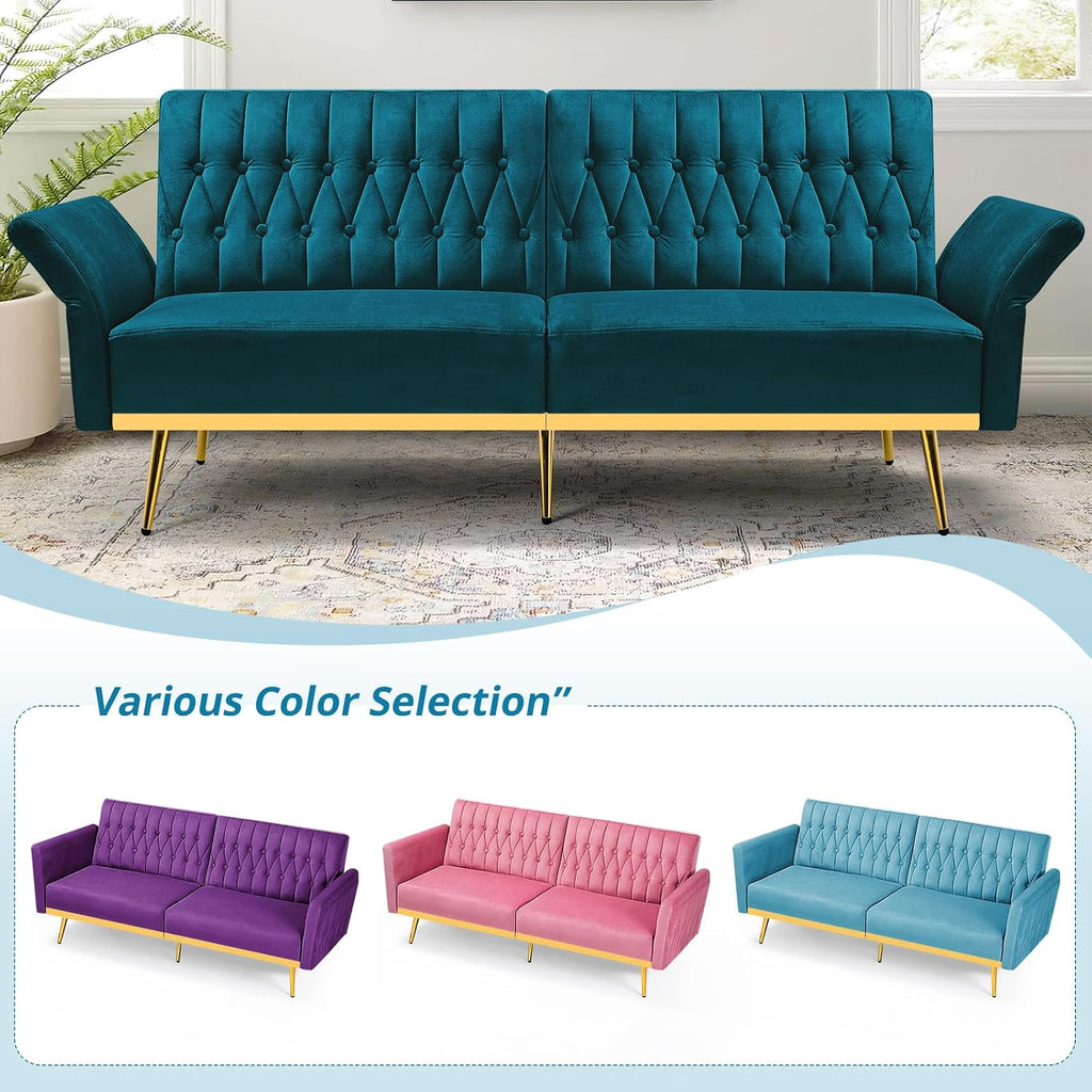 2 Pieces Velvet Sofa Set with Adjustable Armrest and Backrest, 70' Convertible Futon Sofa Bed & Mordern Accent Chair with Ottoman for Living Room, Bedroom, Teal