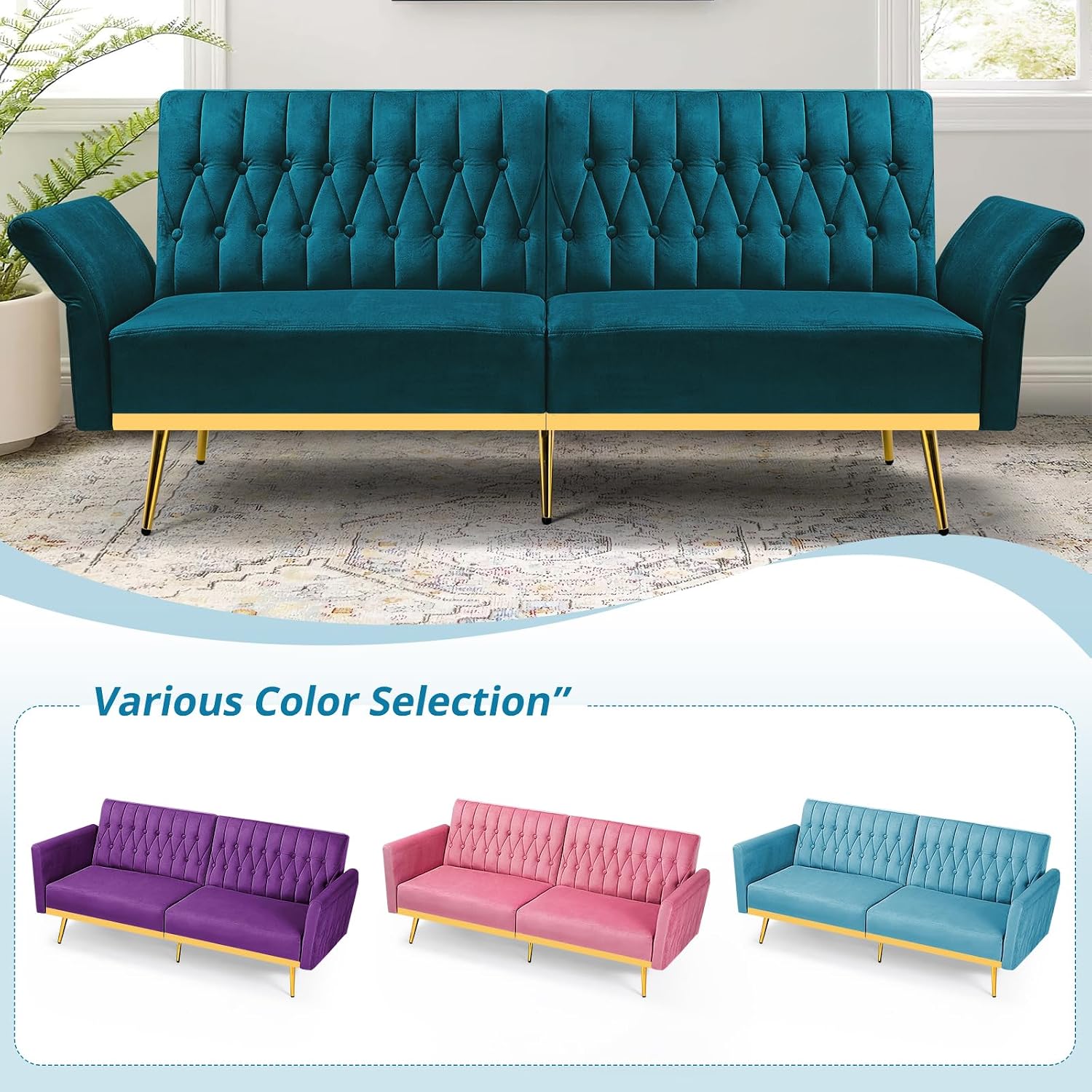 2 Pieces Velvet Sofa Set with Adjustable Armrest and Backrest, 70' Convertible Futon Sofa Bed & Mordern Accent Chair with Ottoman for Living Room, Bedroom, Teal