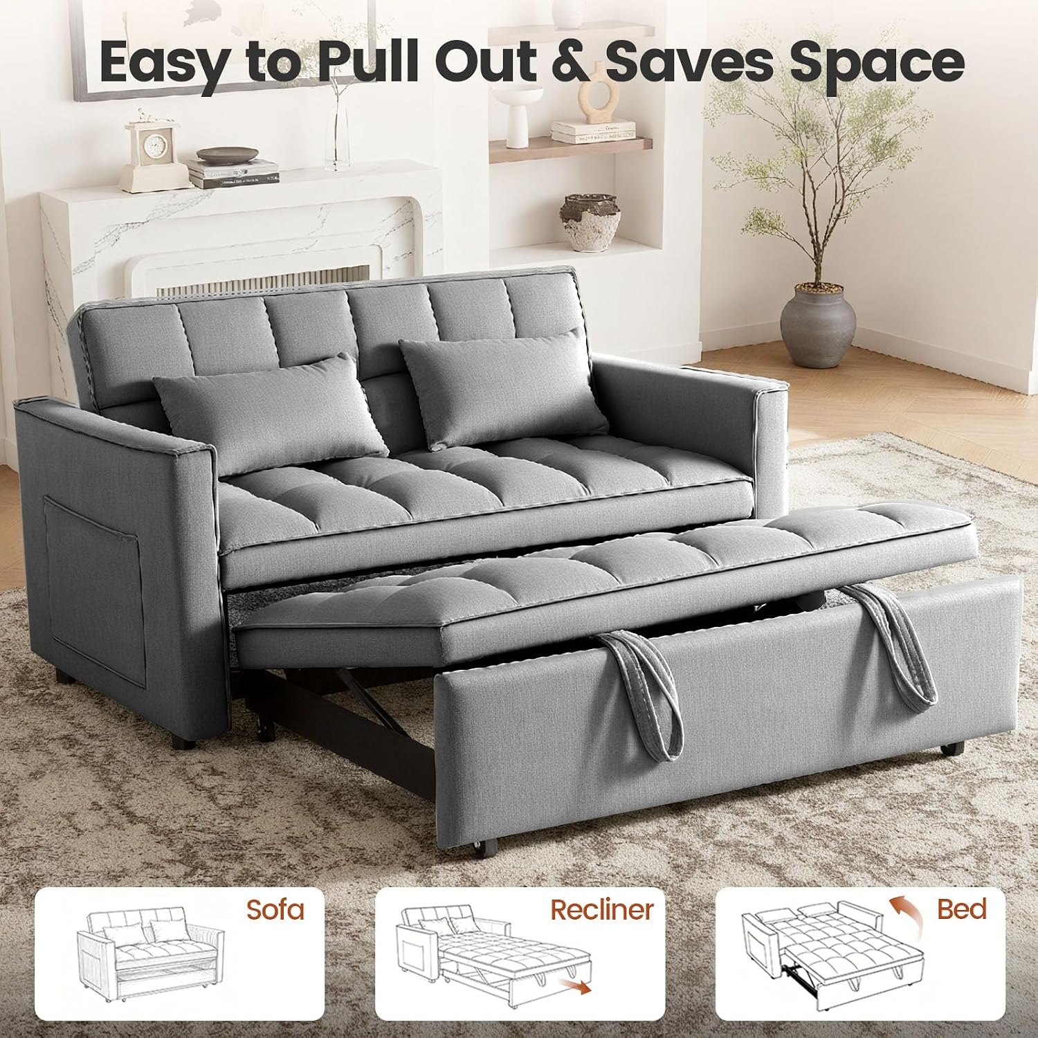 Pull Out Couch, Loveseat Sleeper Sofa Bed with Side Pockets, 3 in 1 Velvet Fabric Convertible Sofa Bed with Adjustable Backrest for Living Room, Bedroom, Apartment, Gray