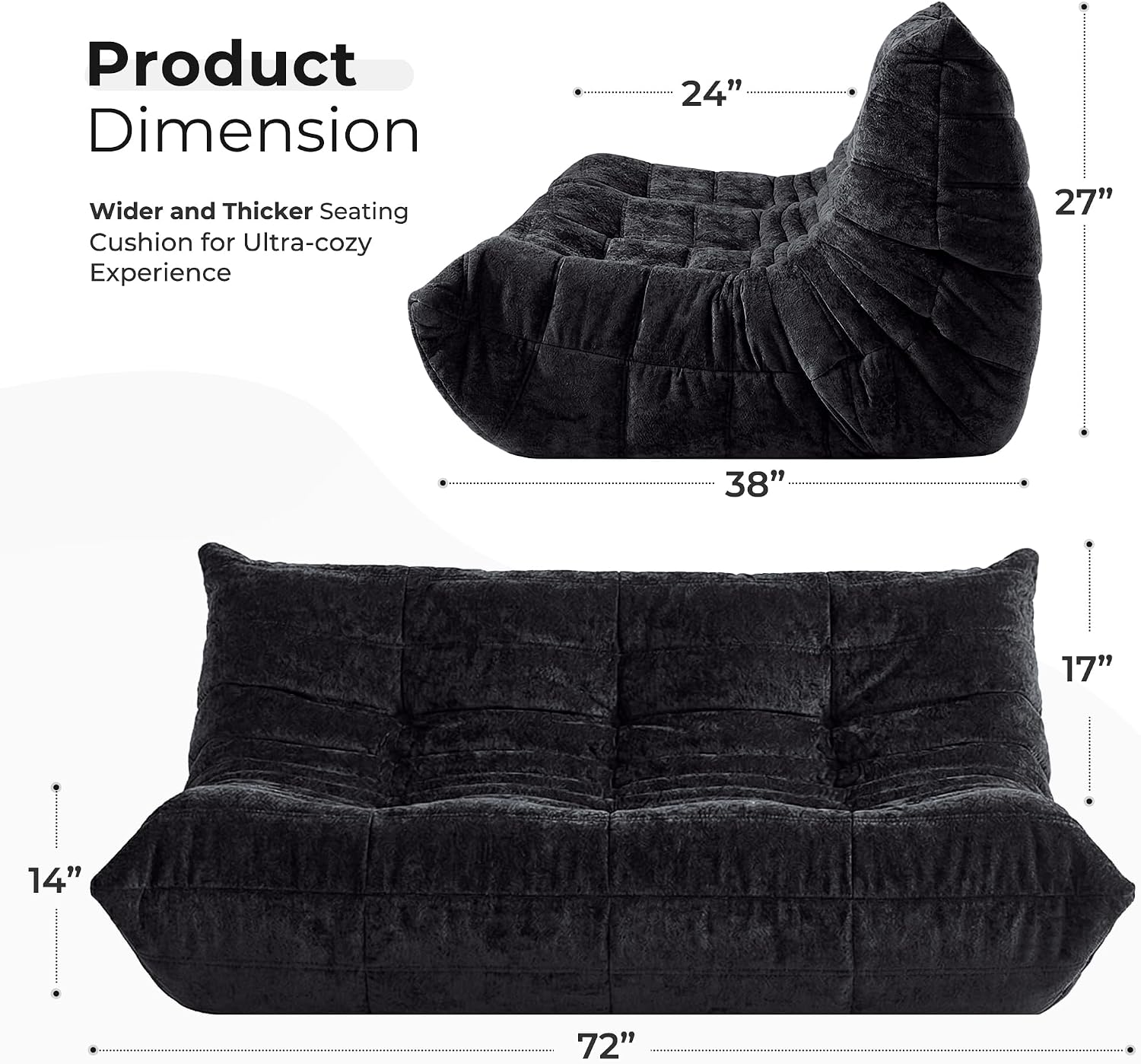 HABUTWAY Bean Bag Chair, Giant Bean Bag Chairs for Adults, 3 Seater Fireside Chair, Lazy Large Floor Bean Bag Sofa for Living Room, Bedroom, Dorm, Office (Black)