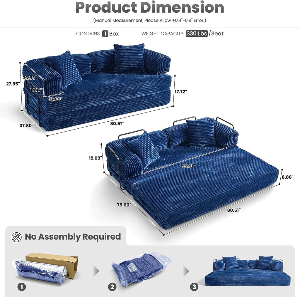 ovios 81' Folding Sofa Bed, Foldable Sleeper Boneless Couch with Pull Out Beds, Modular Convertible Floor Futon Loveseat Lounger for Living Room (Faux Fur, Blue)