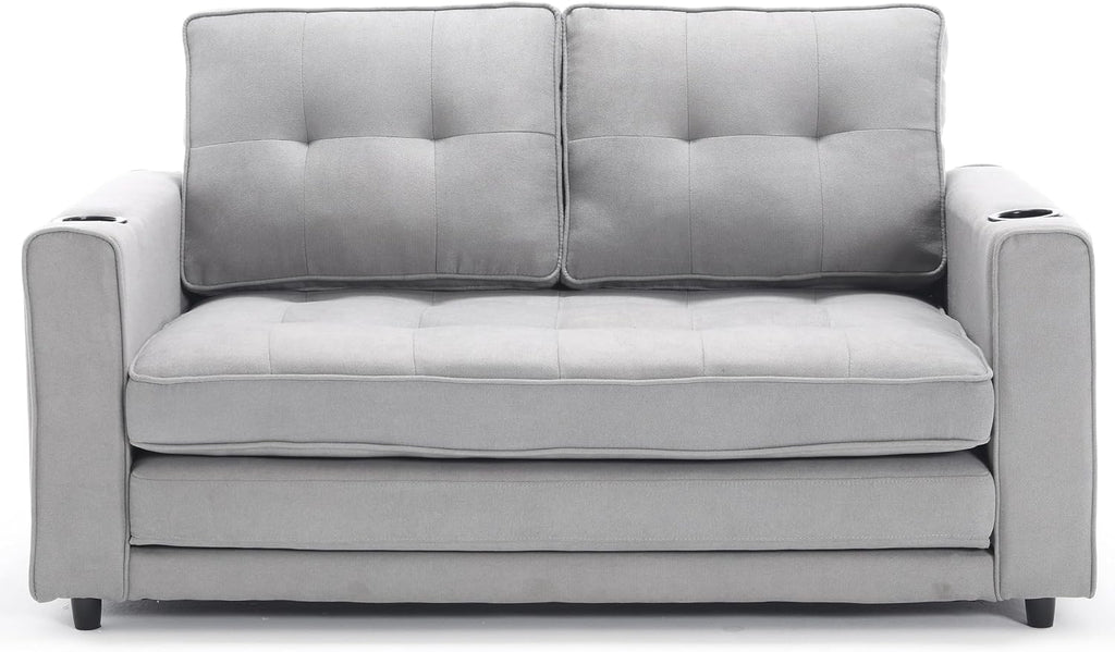 Convertible Loveseat Sleeper with Pull Out Bed, Foldable Tufted Sofa Bed Couch W/Cup Holder and Side Pockets, Light Gray