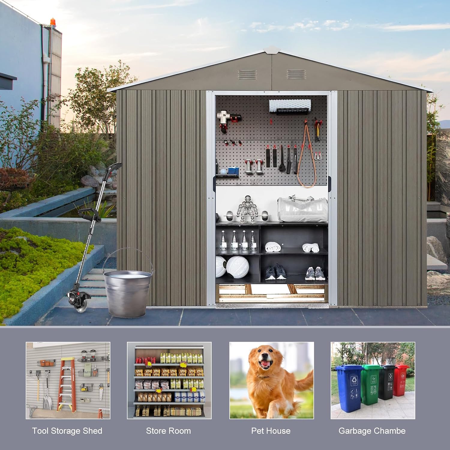 8 x 6 FT Outdoor Storage Shed, Metal Garden Shed with Floor Frame, Large Tool Shed Outdoor Storage with Lockable Sliding Doors & Air Vents, Storage House Waterproof for Backyard, Lawn, Gray