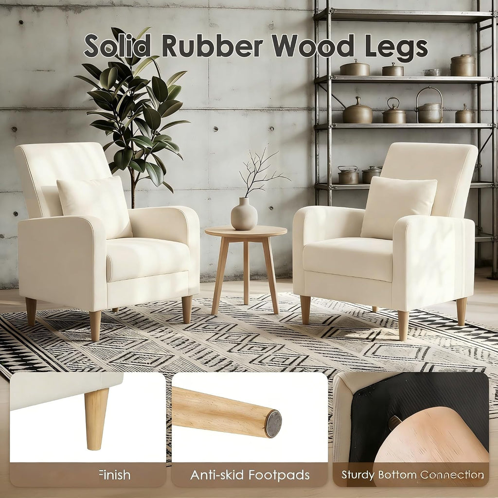 COLAMY Mid-Century Modern Accent Chair with Back Pillow, Upholstered Fabric Armchair with Solid Wood Legs, Reading Lounge Chair for Living Room, Bedroom, Office, Apartment & Small Spaces, Beige