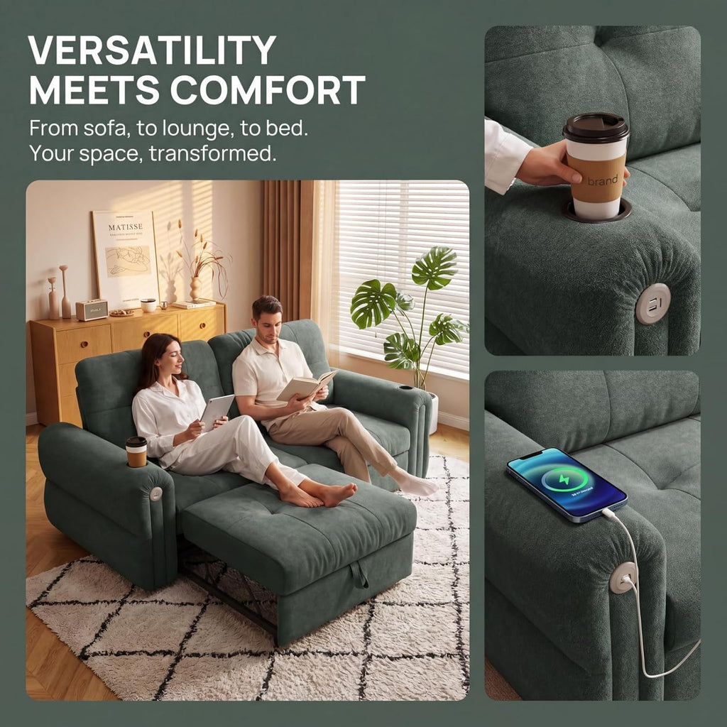 Convertible Couches, Queen Size Pull Out Sofa Bed with USB Charging Port and Cup Holders, Plannelette Fabric Convertible Sofa Bed for Small Space, Living Room, Apartment, Guest Room, Green