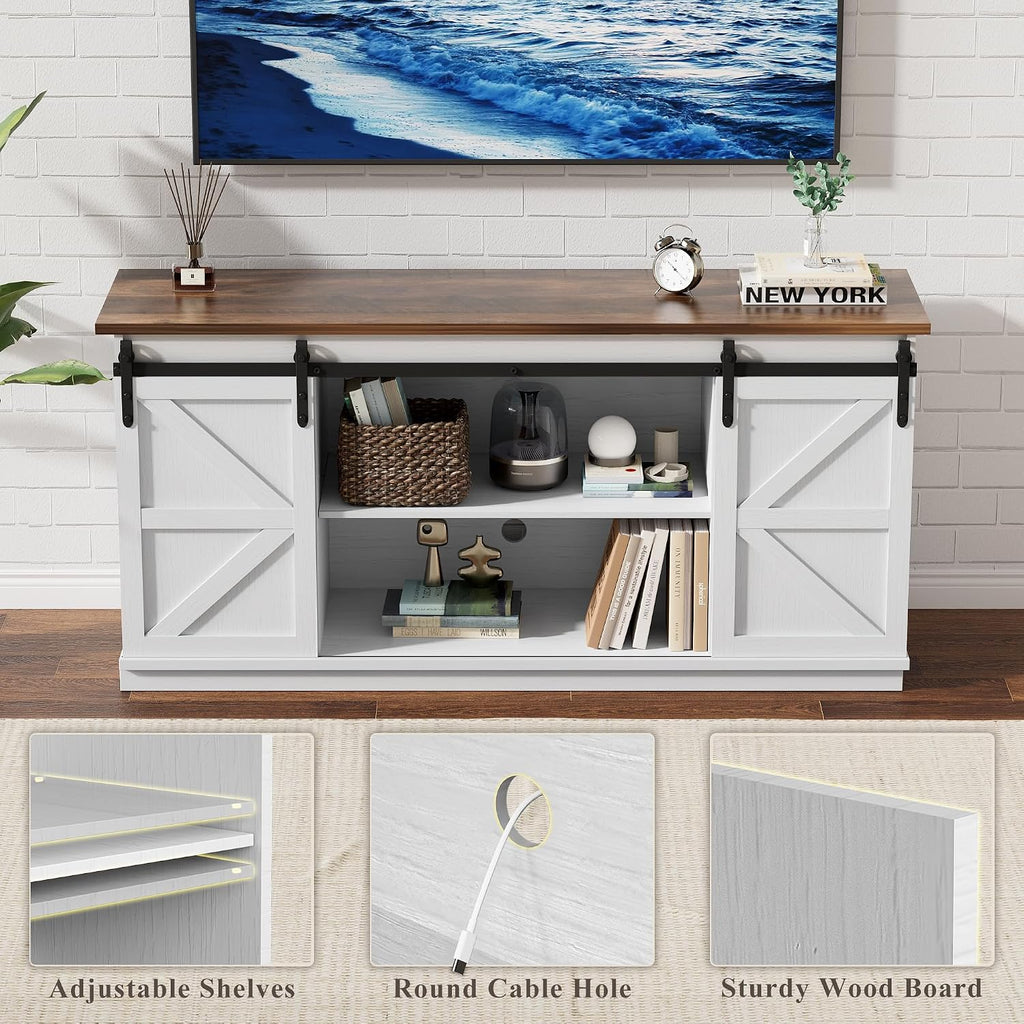 YESHOMY Farmhouse TV Stand for Televisions up to 65 Inches, Sliding Barn Doors and Storage Cabinets, Console Table and Media Furniture for Living Room, 58 Inch, White