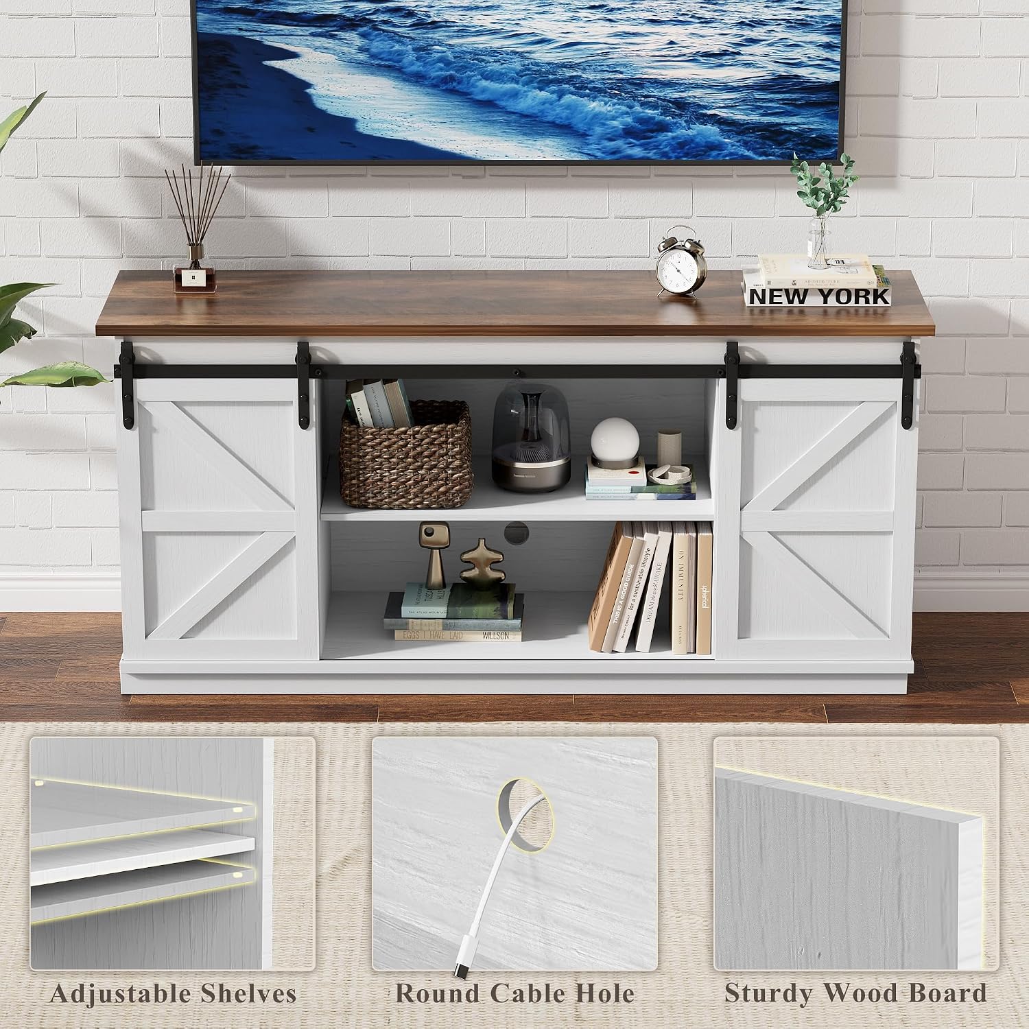 YESHOMY Farmhouse TV Stand for Televisions up to 65 Inches, Sliding Barn Doors and Storage Cabinets, Console Table and Media Furniture for Living Room, 58 Inch, White