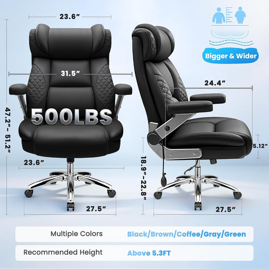 Big and Tall Office Chair, Desk Computer Chair for Heavy People, Oversized Executive Gaming Chair, Extra Wide 500LBS Ergonomic Comfy Office Chair with Adjustable Lumbar Support & 5D Flip Arms