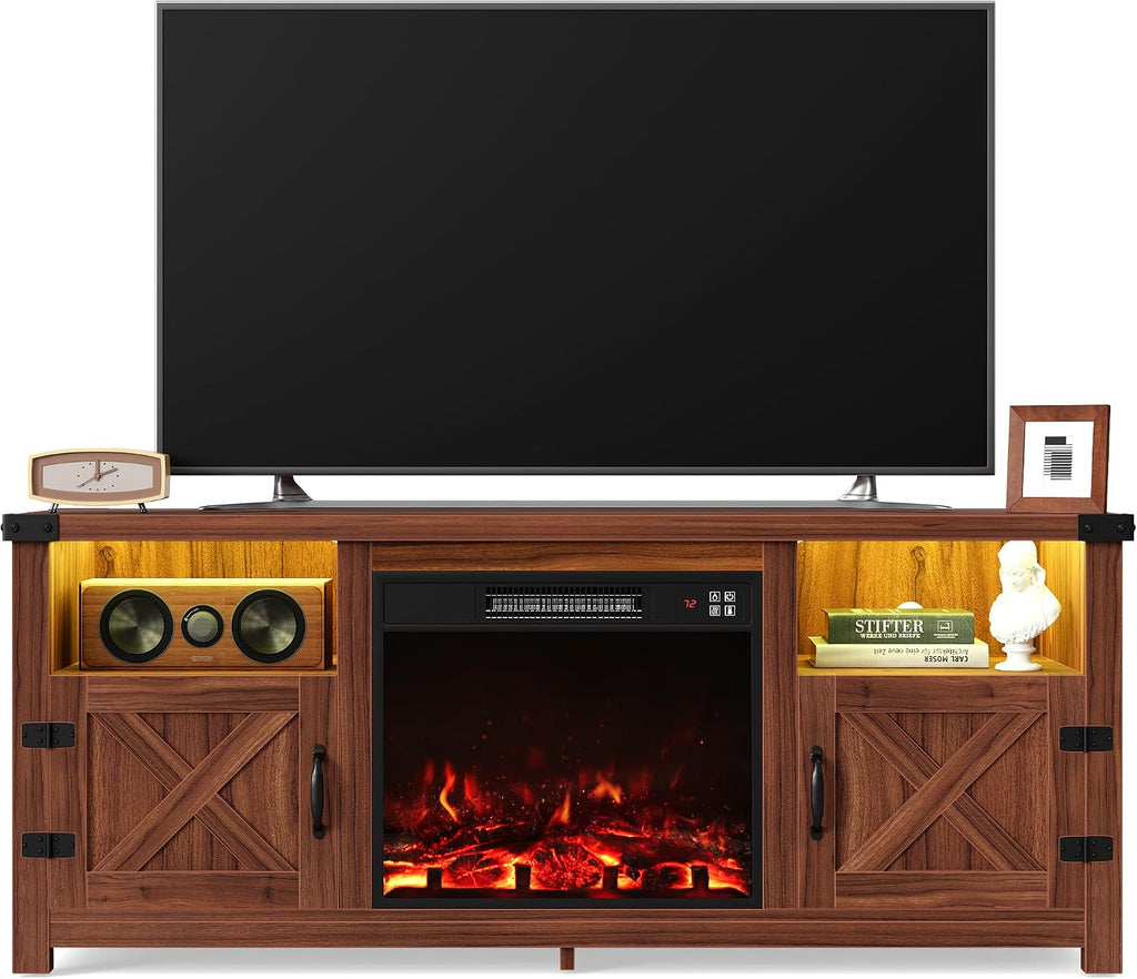 Furmax LED Entertainment Center with Fireplace, Fireplace TV Stand with Storage Cabinets and 2 Open Shelves, Modern Media TV Console for Living Room (Dark Brown)