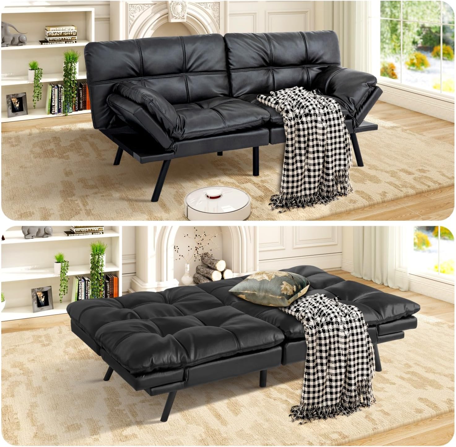 MUUEGM Futon Sofa Bed Memory Foam Matte Black Futons Modern Office Couch Sleeper Bed Convertible Love seat Sofa for Small Spaces,Apartment,Office with Adjustable Armrest Backrest