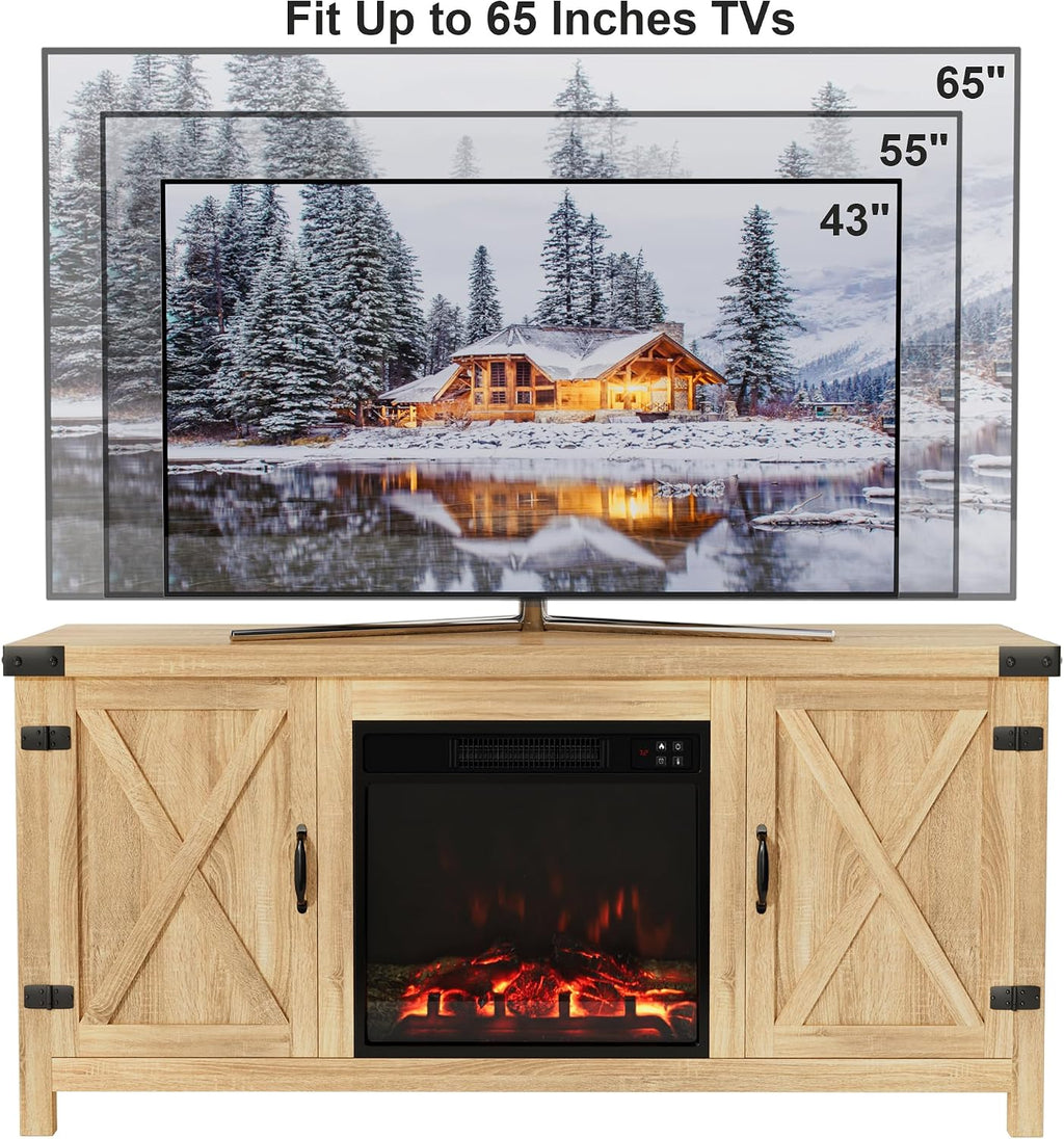 Furmax Fireplace TV Stand for Up to 65 Inches TVs, Farmhouse Entertainment Center with Grooved Barn Doors, Rustic Media Console Table with Storage Cabinets for Living Room (Natural Oak)