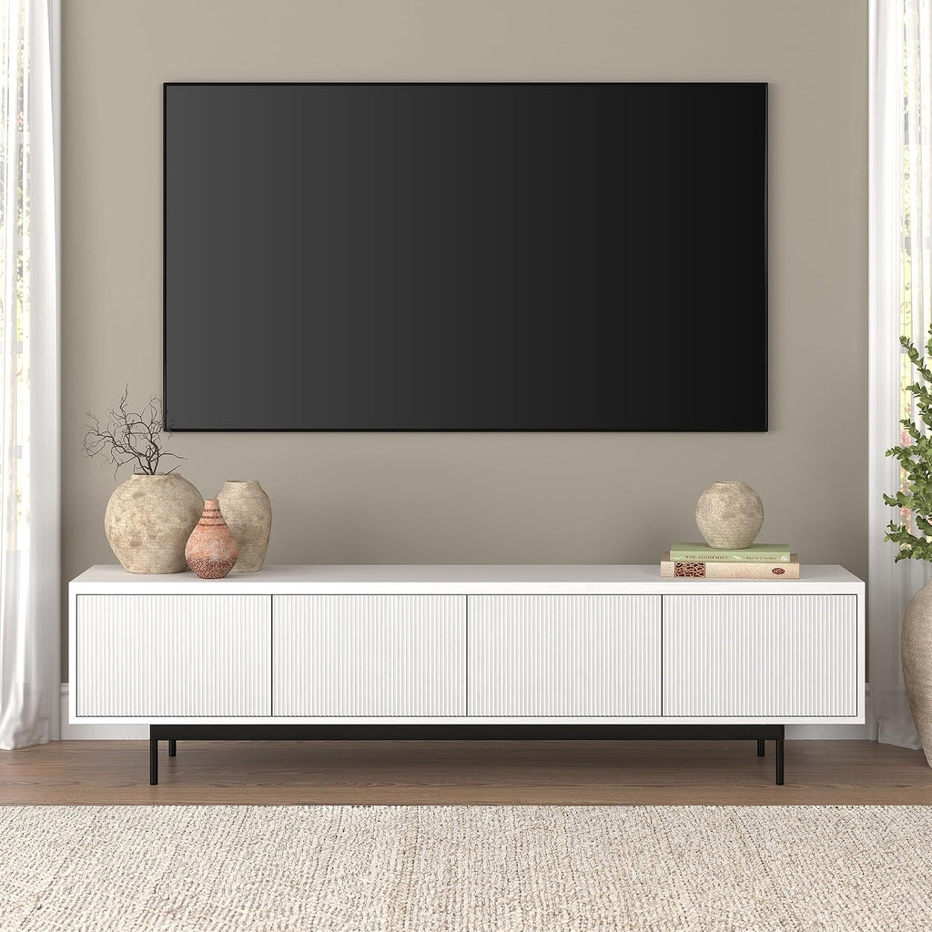 Henn&Hart Fluted TV Stand for TVs up to 85' with 2 Open-Concept Ribbed Storage Cabinets for Living Room, Family Room, or Office, Cloud White