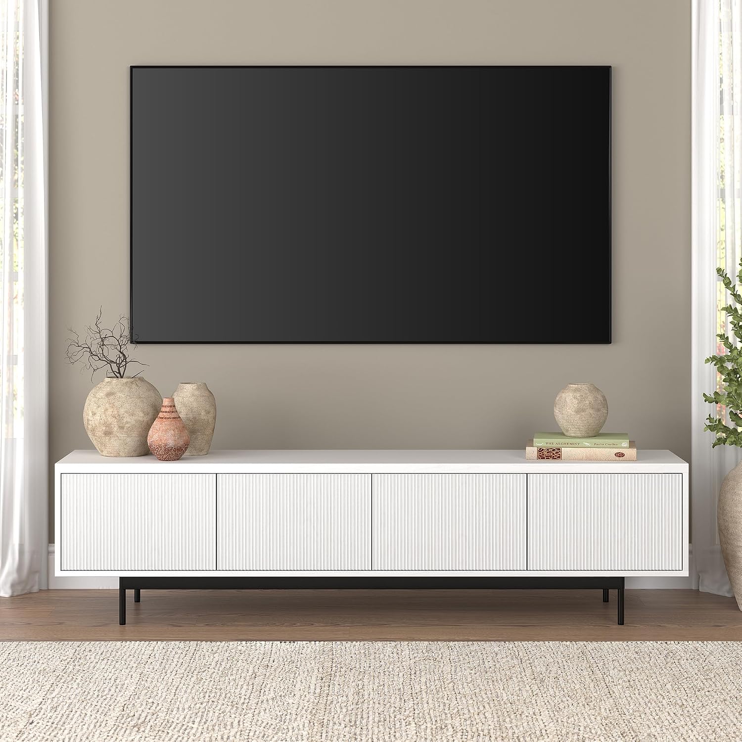 Henn&Hart Fluted TV Stand for TVs up to 85' with 2 Open-Concept Ribbed Storage Cabinets for Living Room, Family Room, or Office, Cloud White