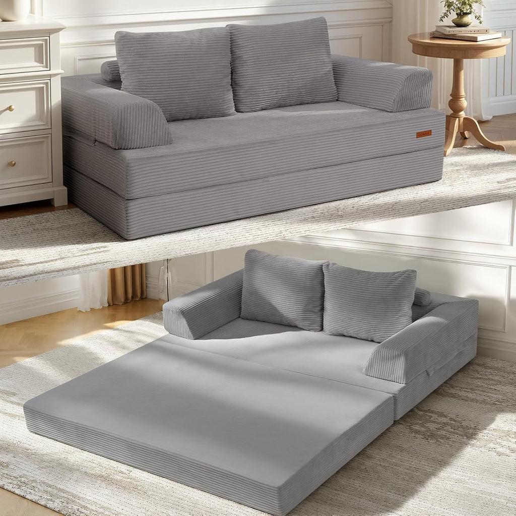 COMAX Convertible Sofa Bed, Folding Floor Couch Corduroy Fold Out Couch Bed Futon Sleeper Mattress with Pillows, Boneless Sofa Comfy Lounge Loveseat for Living Room Bedroom, Light Grey
