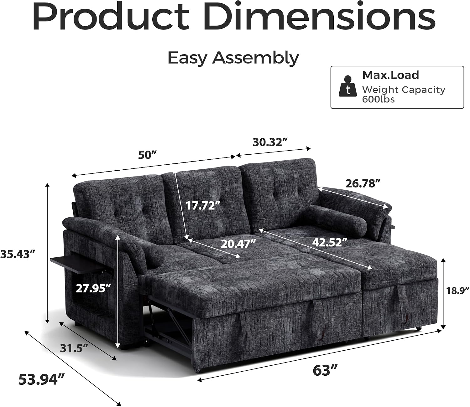 Convertible Sleeper Sofa Bed, 63 Inch Chenille Pull Out Couch with Side Table & Adjustable Backrest, Sectional Sleeper Sofa with Pull Out Bed for Living Room, Apartment, Black