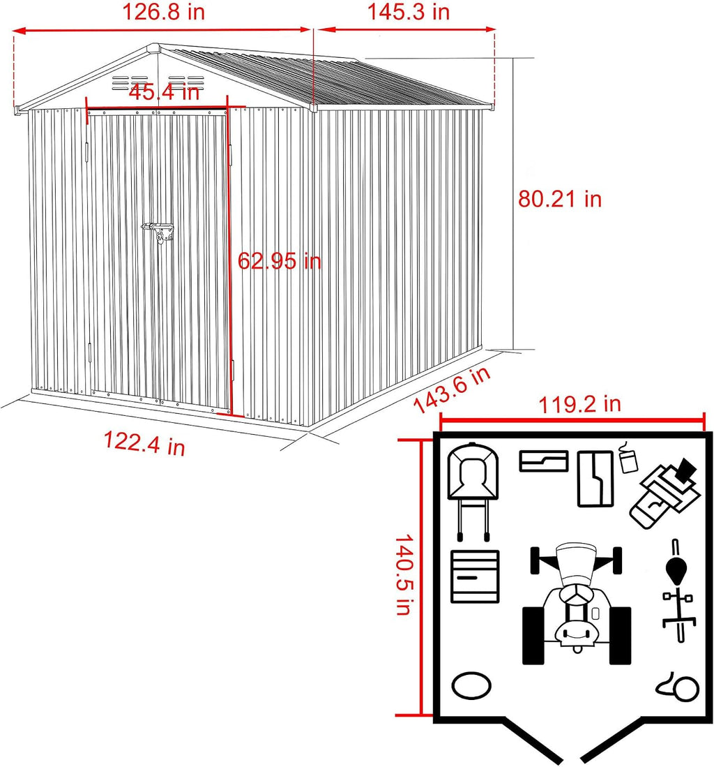 Yardenaler 8x12 FT Metal Outdoor Storage Shed, Garden Tool Shed Kit with Doors & Lock, Waterproof Patio Utility Tool Shed for Backyard and Garden, Gray