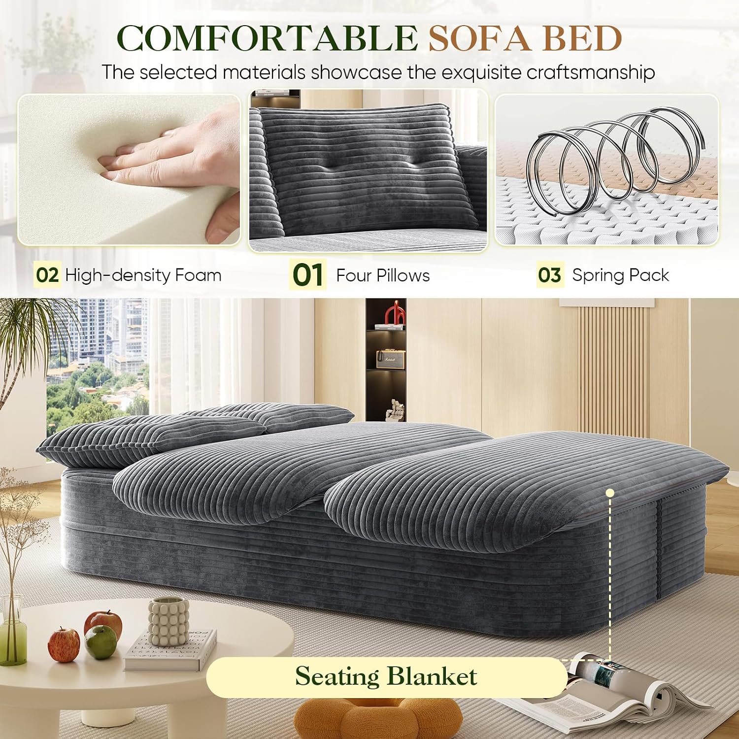 Convertible Sleeper Sofa, Modern 78-inch Folding Futon Corduroy Floor Foam Compression Loveseat Sofa Bed Couch, Foldable Full Size Guest Bed with 2 Pillows for Living Room Bedroom Apartment, Dark Grey