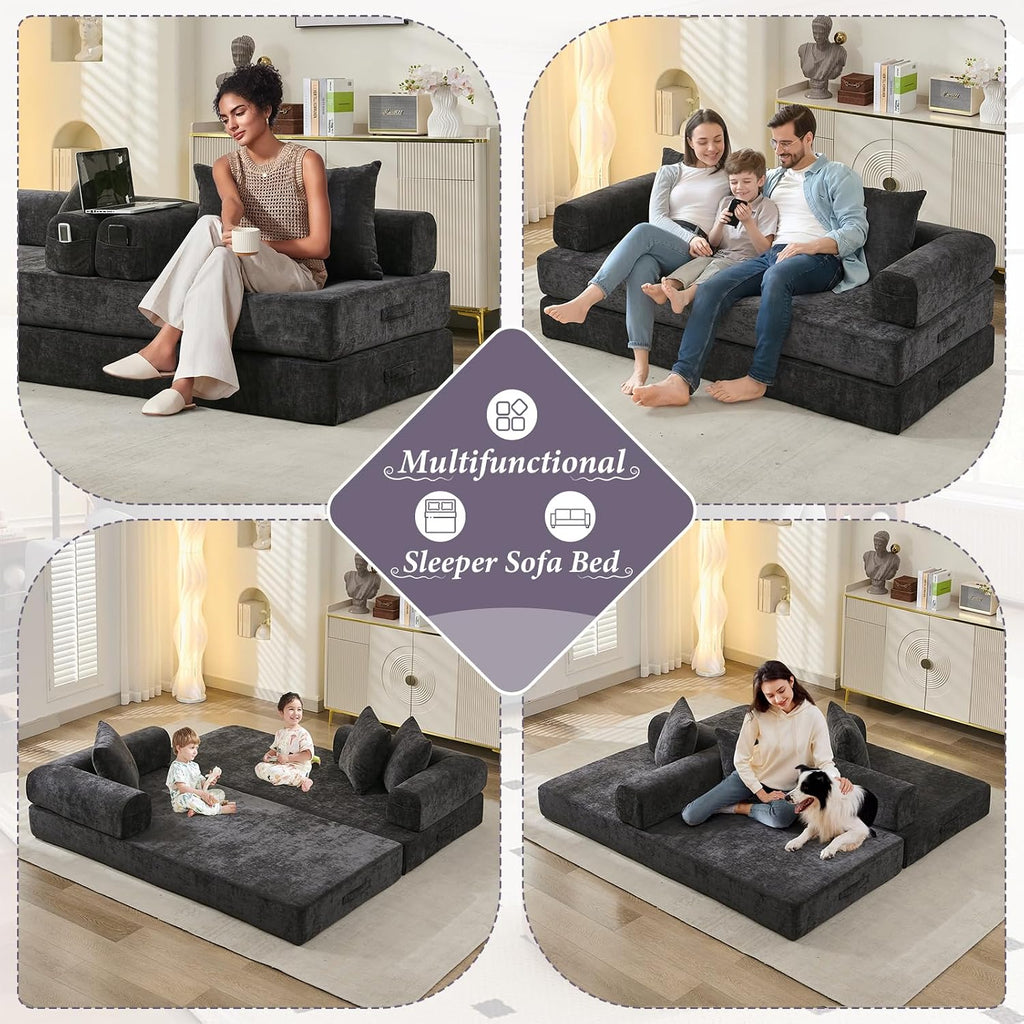 Futon Sofa Bed, Modular Convertible Folding 3 Seater Chenille Foam Floor Loveseat Sleeper Sofa Couch with 3 Pillows, No Assembly Compressed Boneless Couch, for Living Room Bedroom Guest Room, Black