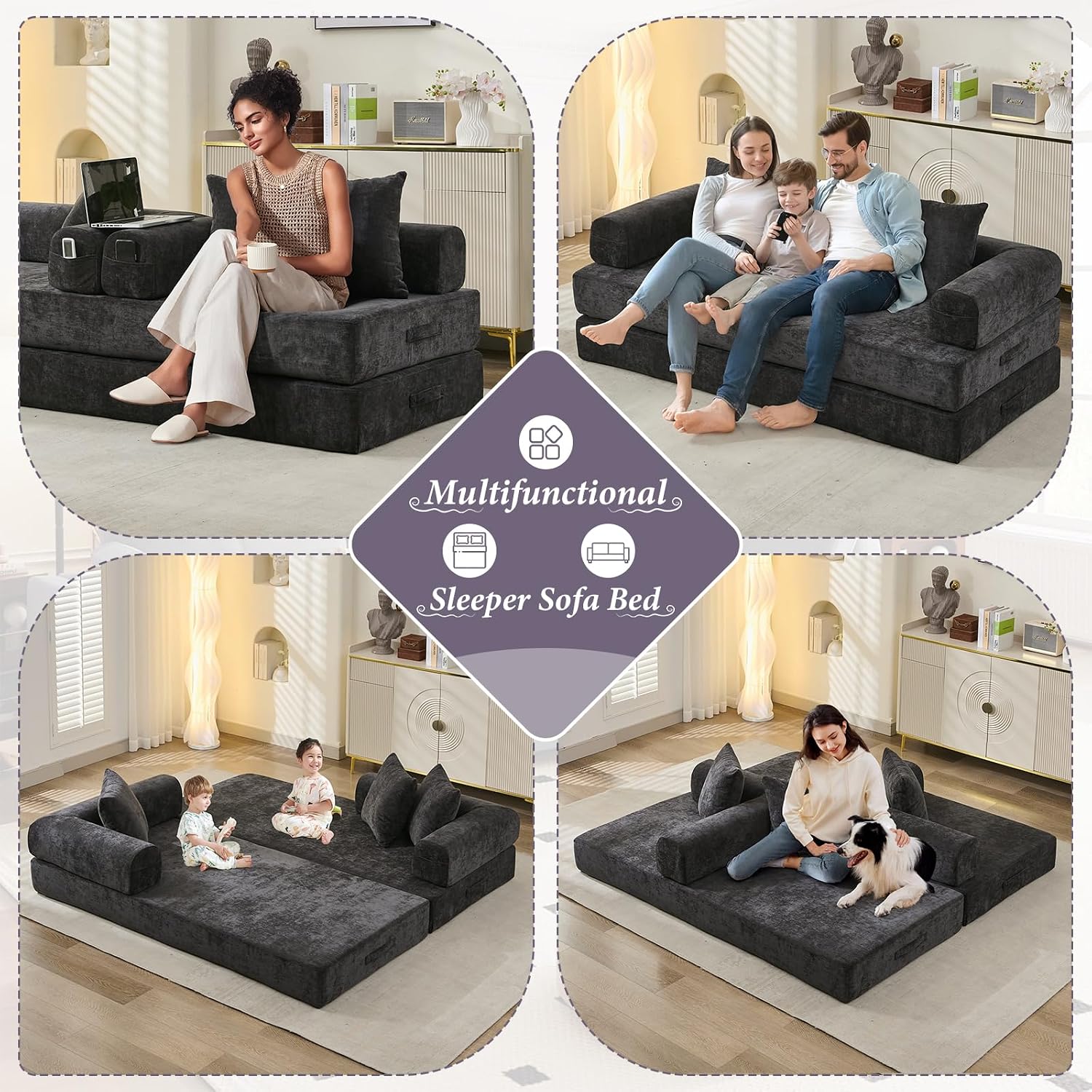 Futon Sofa Bed, Modular Convertible Folding 3 Seater Chenille Foam Floor Loveseat Sleeper Sofa Couch with 3 Pillows, No Assembly Compressed Boneless Couch, for Living Room Bedroom Guest Room, Black