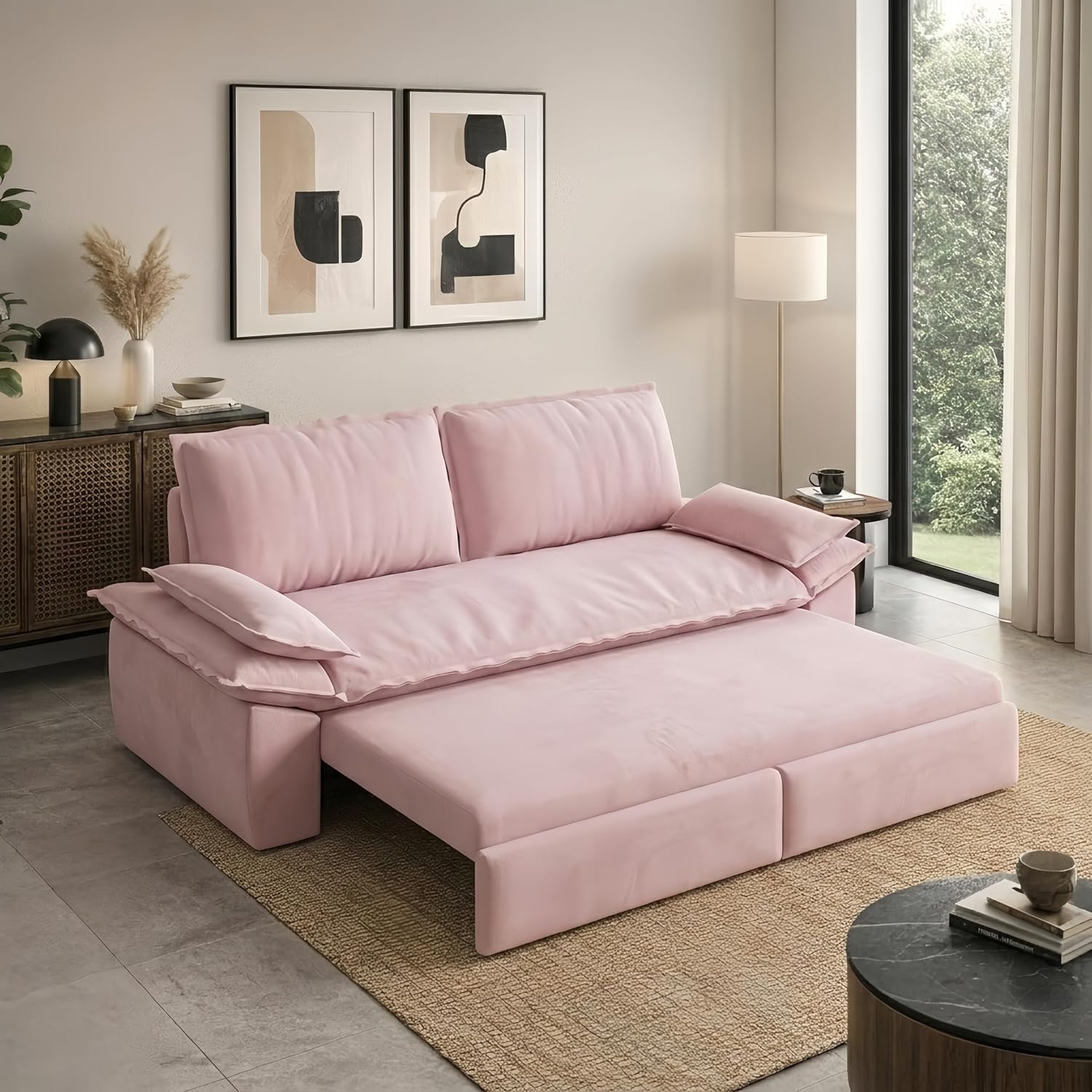 73.2' Sofa Bed Queen, 3-in-1 Pull Out Sofa Bed with Pillow Armrest, Modern Velvet Convertible Sleeper Futon Sofa for Living Room Small Space, Apartment, Bedroom, Pink