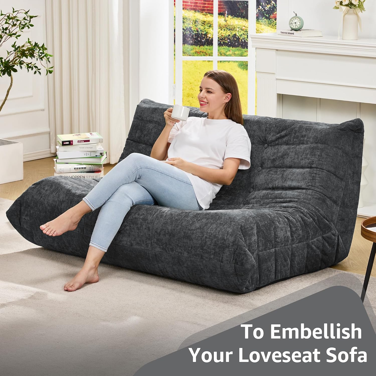 Bean Bag Chairs for Adults Giant Bean Bag Chair Memory Foam BeanBag Chair Bean Bag Sofa with Filler Faux Fur Fireside Beanbags Lazy Sofa for Living Room Bedroom Office (Darkgrey Chenille, Loveseat)