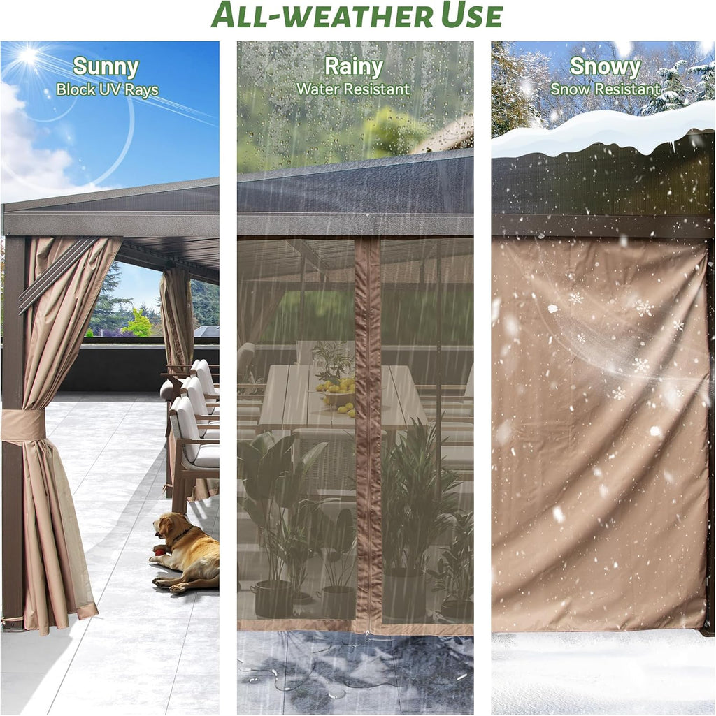 Domi 12x16FT Wall Mounted Gazebo Aluminum Frame, Lean to Gazebo Hardtop with Galvanized Steel Sloping Roof, Curtains and Netting for Patio Deck Backyard Lawn Party