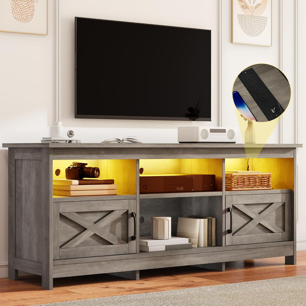 DWVO Farmhouse TV Stand with Power Outlets & LED Lights, Entertainment Center for TVs up to 80', TV Console with Storage Cabinets & Open Shelves for Living Room (Washed Grey)
