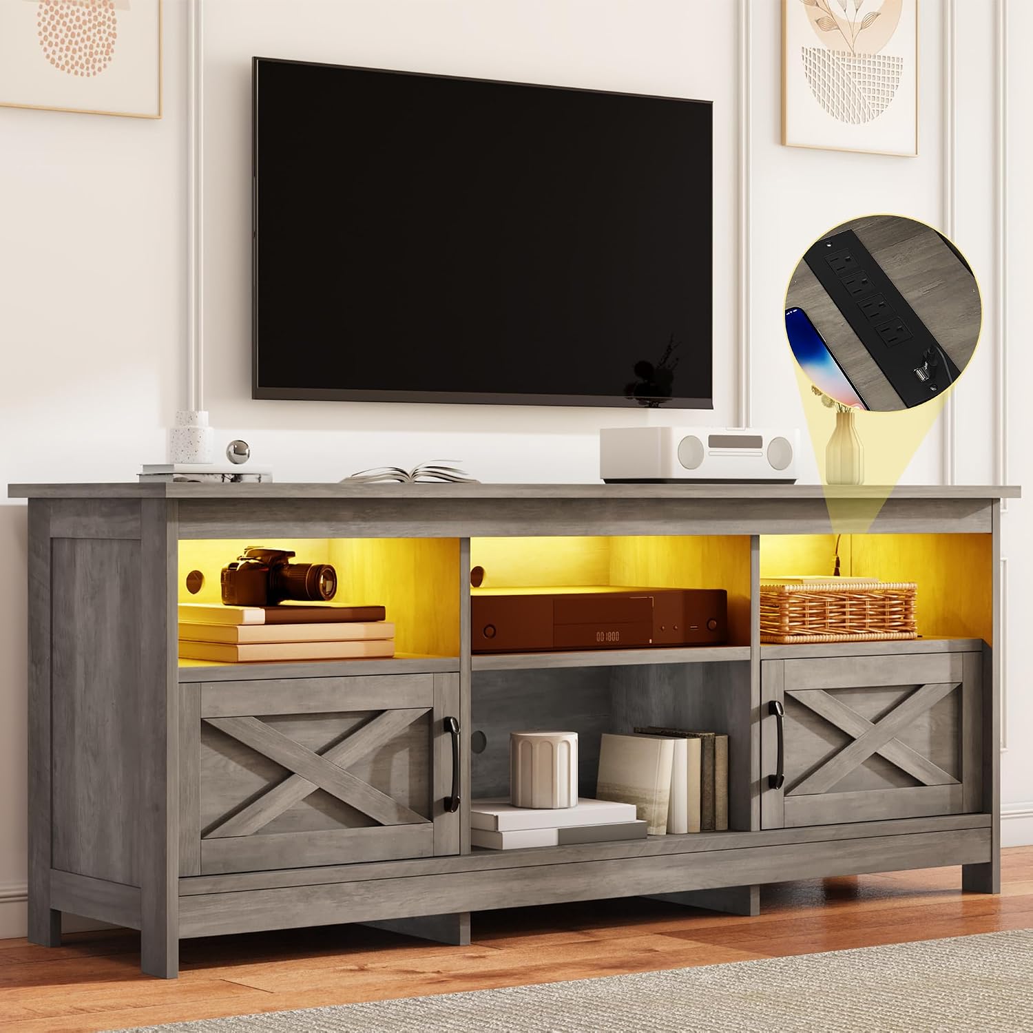DWVO Farmhouse TV Stand with Power Outlets & LED Lights, Entertainment Center for TVs up to 80', TV Console with Storage Cabinets & Open Shelves for Living Room (Washed Grey)