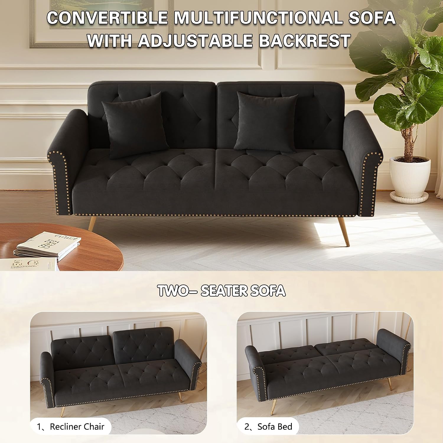 KEIKI 70' Folding Futon Sofa Couch w/Adjustable Backrest, Mid Century Modern Loveseat Convertible to Sleeper Bed, Small Comfy Velvet Cloud Couch SofaBed for Living Room & Bedroom, 2 Pillows, Black