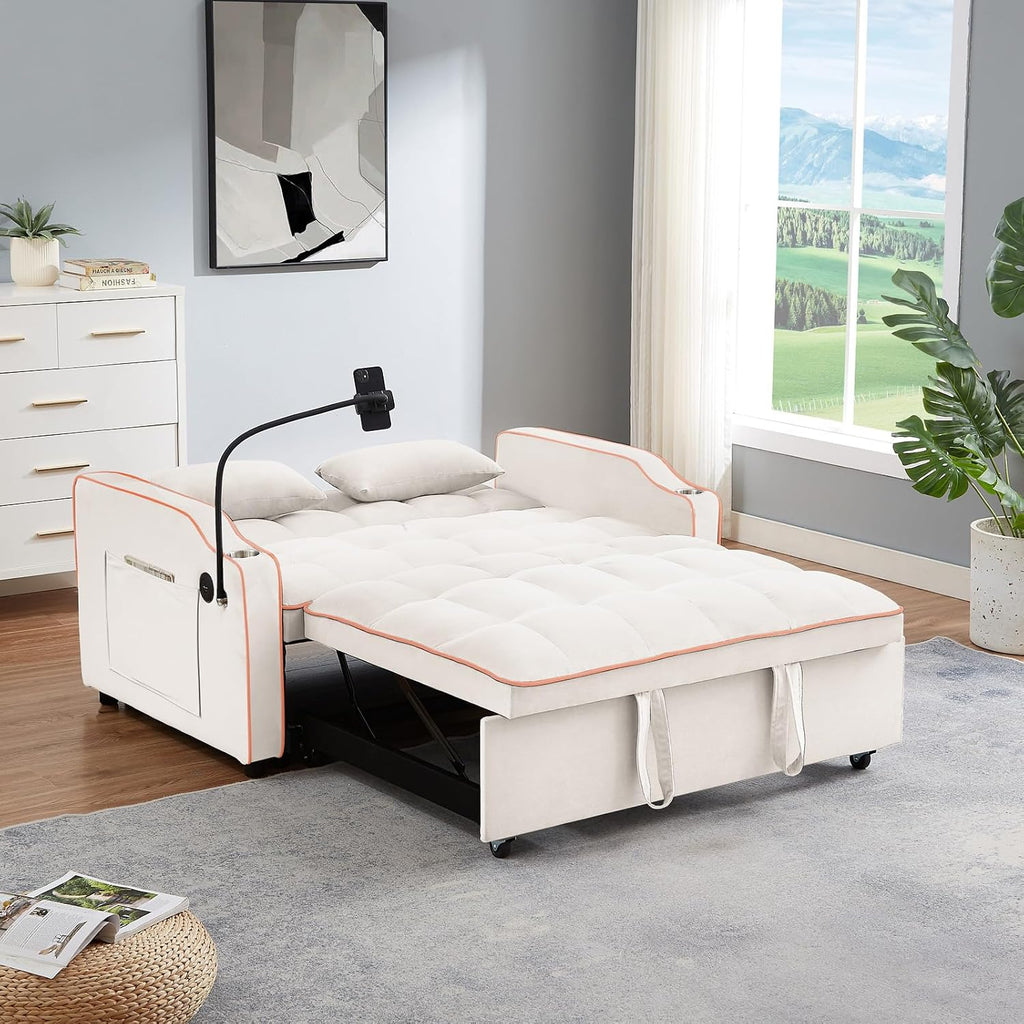 JEEOEHY 3 in 1 Convertible Sleeper Sofa Bed,Velvet Pull Out Couch Bed w USB&Type C Port,Comfy Futon Loveseat w Adjustable Backrest&Phone Stand&Cup Holder for Living Room Apartment Small Space(Beige)