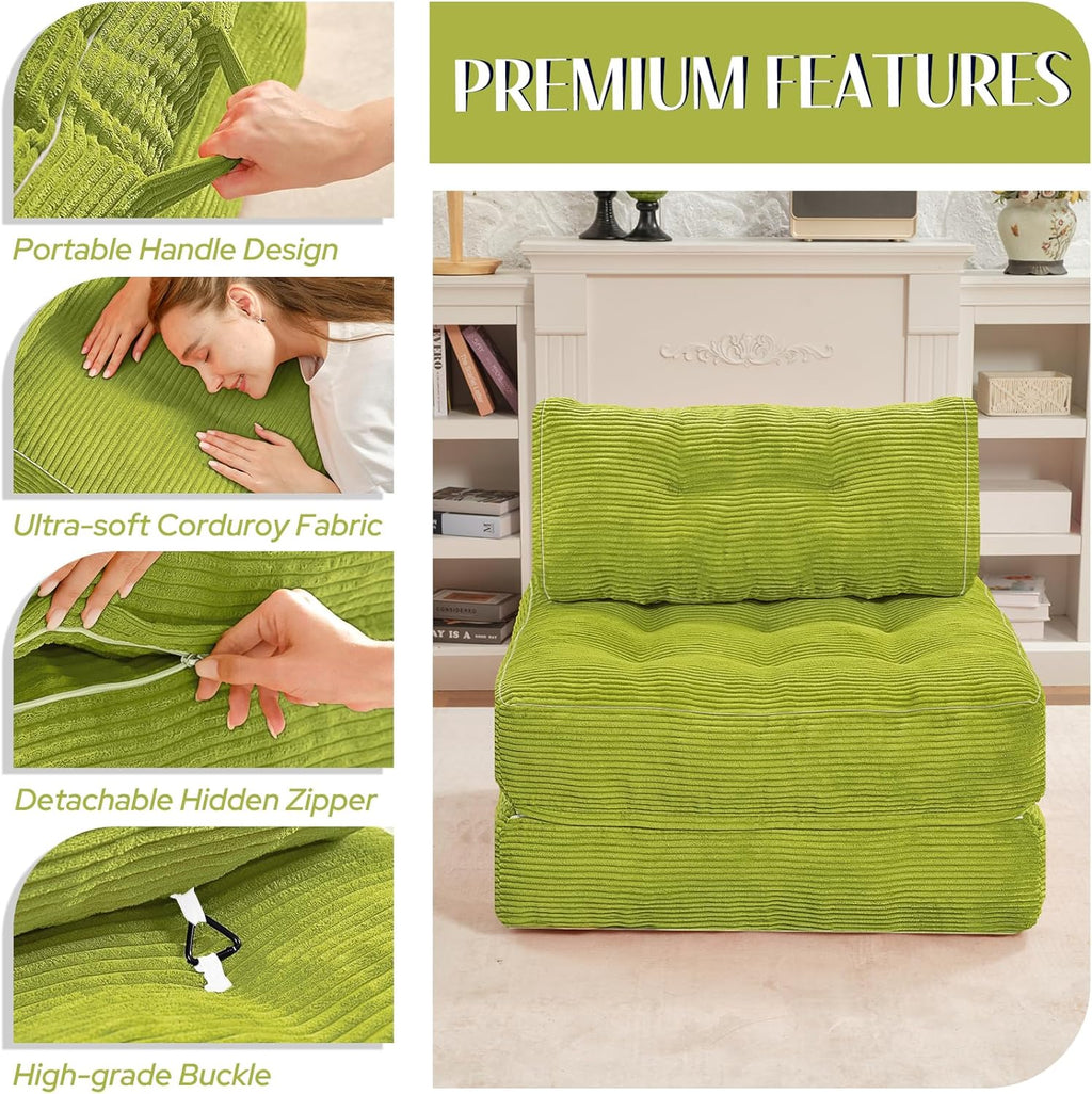 HABUTWAY Folding Sofa Bed, Convertible Sleeper Chair Bed w/Dual-Pillow & Handle, Foldable Floor Sofa Lounge w/Back Support for Living Room, Bedroom, Apartment, Office, Single, Green