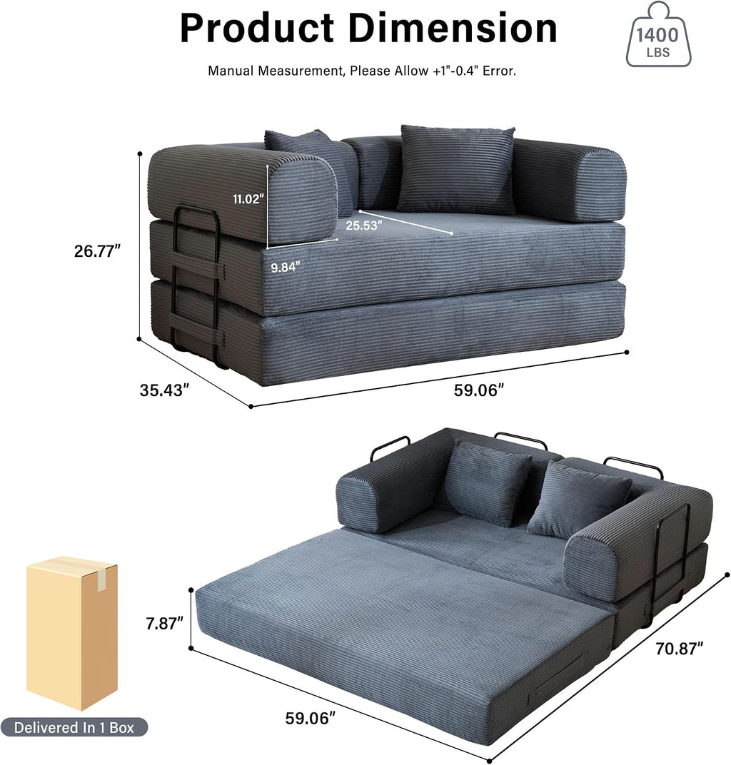 59' Boneless Folding Convertible Sofa Bed, Small 2-Seater Corduroy Futon Floor Couch with Pull Out Sleeper, No Assembly Boneless Loveseat for Living Room (Dark Gray)