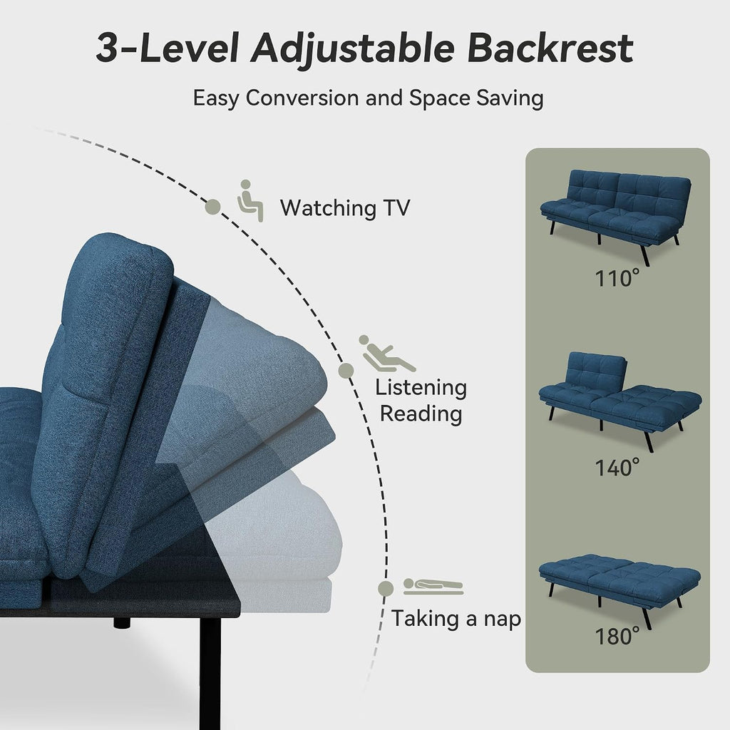 Convertible Futon Sofa Bed,Blue Linen Modern Futon Couch,Memory Foam Loveseat Sleeper Recliner,Detachable Cushion,Adjustable Backrest & Armrest,Couches for Living Room,Office,Apartment