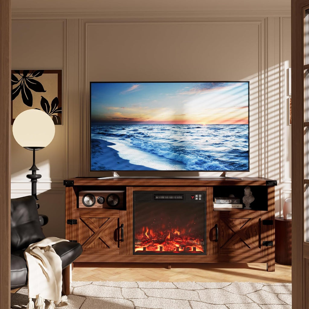 Furmax Entertainment Center with Fireplace, Fireplace TV Stand with Storage Cabinets and 2 Open Shelves, Modern Media TV Console for Living Room (Dark Brown)