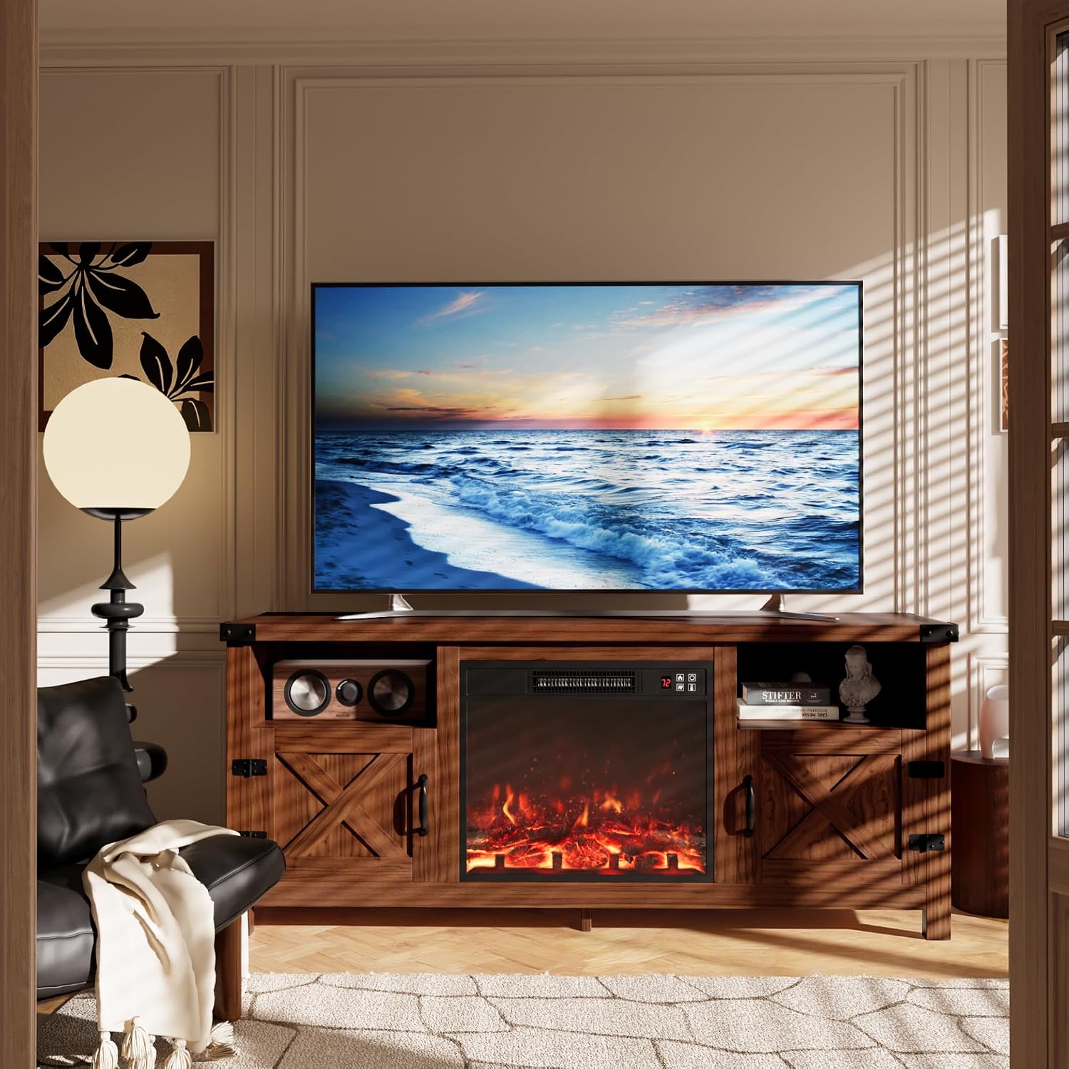 Furmax Entertainment Center with Fireplace, Fireplace TV Stand with Storage Cabinets and 2 Open Shelves, Modern Media TV Console for Living Room (Dark Brown)