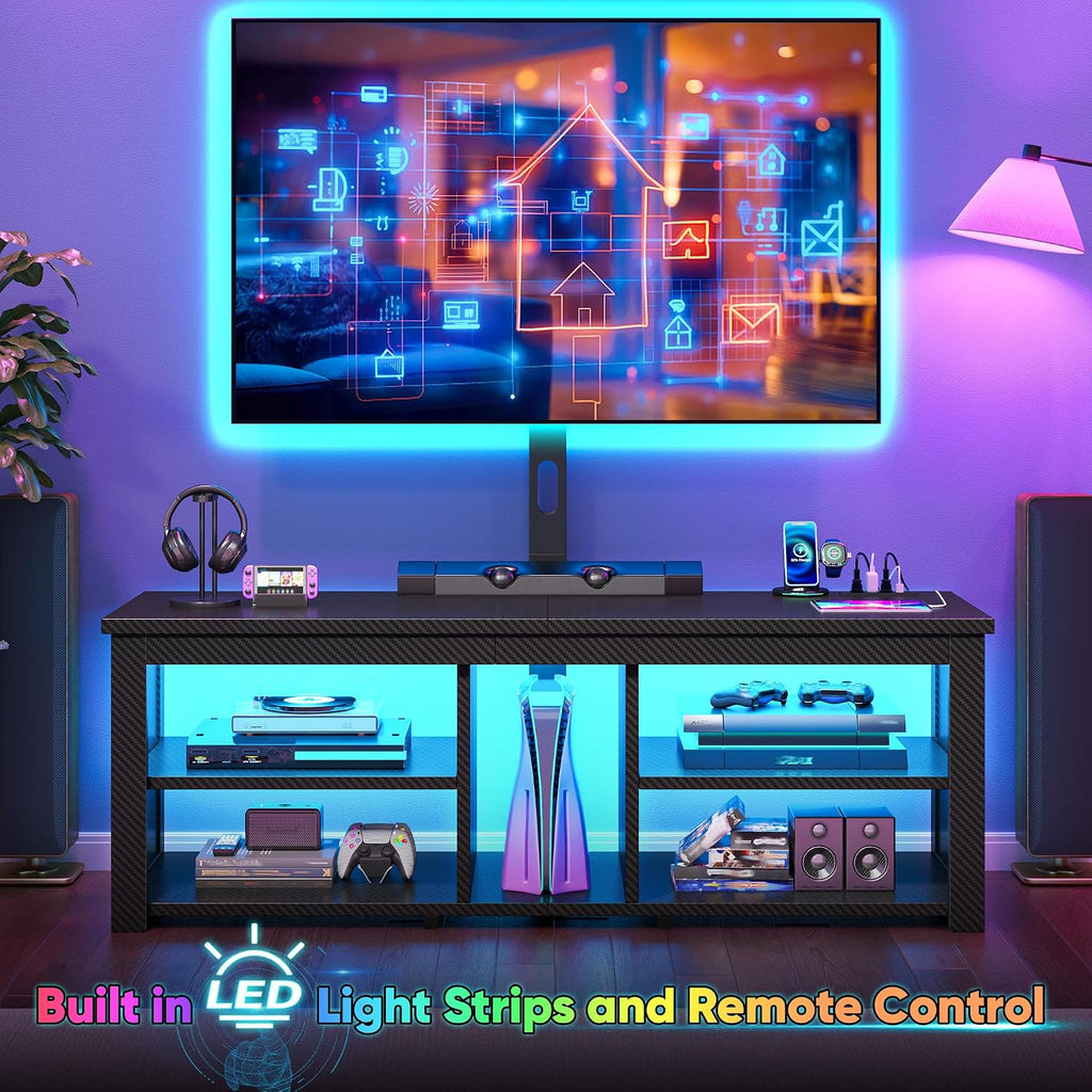 TV Stand with Mount for 55/65 Inch TVs,Wood TV Stands for Living Room with Power Outlet & LED Entertainment Center Gaming Console for Bedroom, Height Adjustable Swivel TV Mount, Carbon Fiber Black