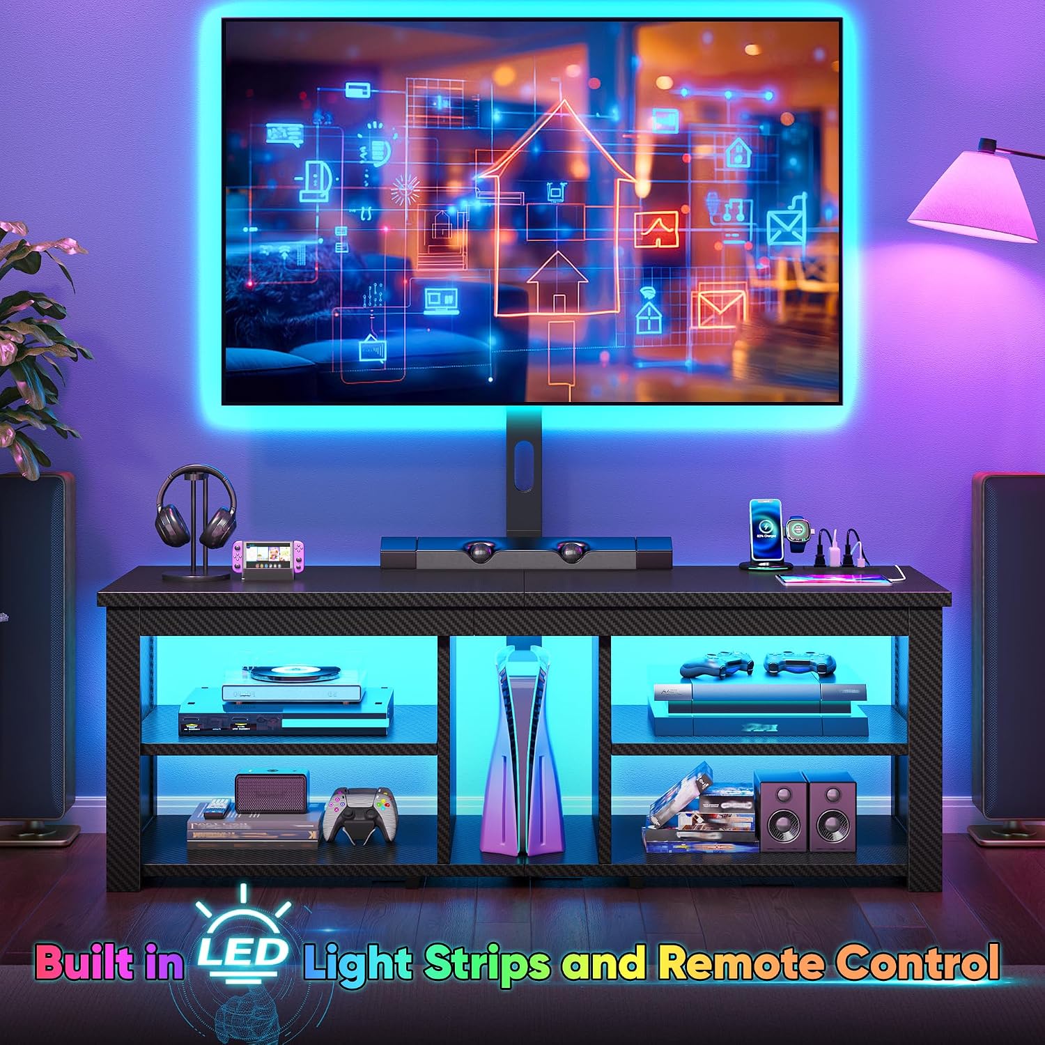 TV Stand with Mount for 55/65 Inch TVs,Wood TV Stands for Living Room with Power Outlet & LED Entertainment Center Gaming Console for Bedroom, Height Adjustable Swivel TV Mount, Carbon Fiber Black