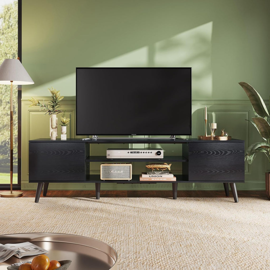 WLIVE Mid-Century Modern TV Stand for 65 70 Inch TV, Entertainment Center with Storage, Adjustable Shelves & Soft-Close, Media TV Console for Living Room/Bedroom, Black