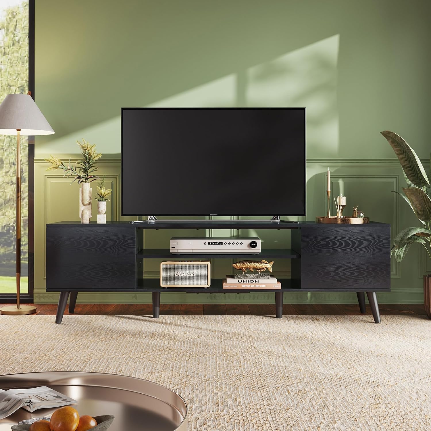 WLIVE Mid-Century Modern TV Stand for 65 70 Inch TV, Entertainment Center with Storage, Adjustable Shelves & Soft-Close, Media TV Console for Living Room/Bedroom, Black
